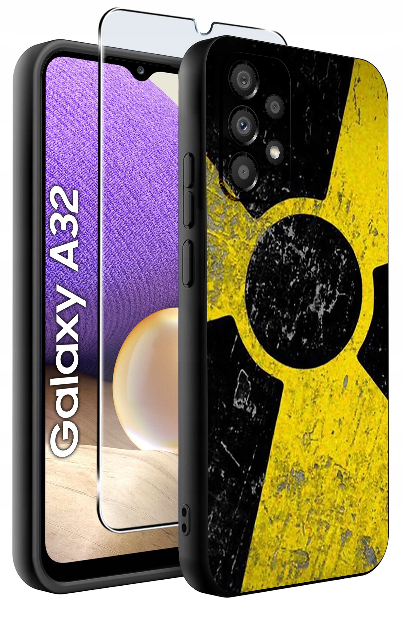 Obraz przedstawia etui na telefon z motywem żółto-czarnego symbolu ostrzegawczego oraz szkło ochronne. Obok widoczny jest napis \'Galaxy A32\'.