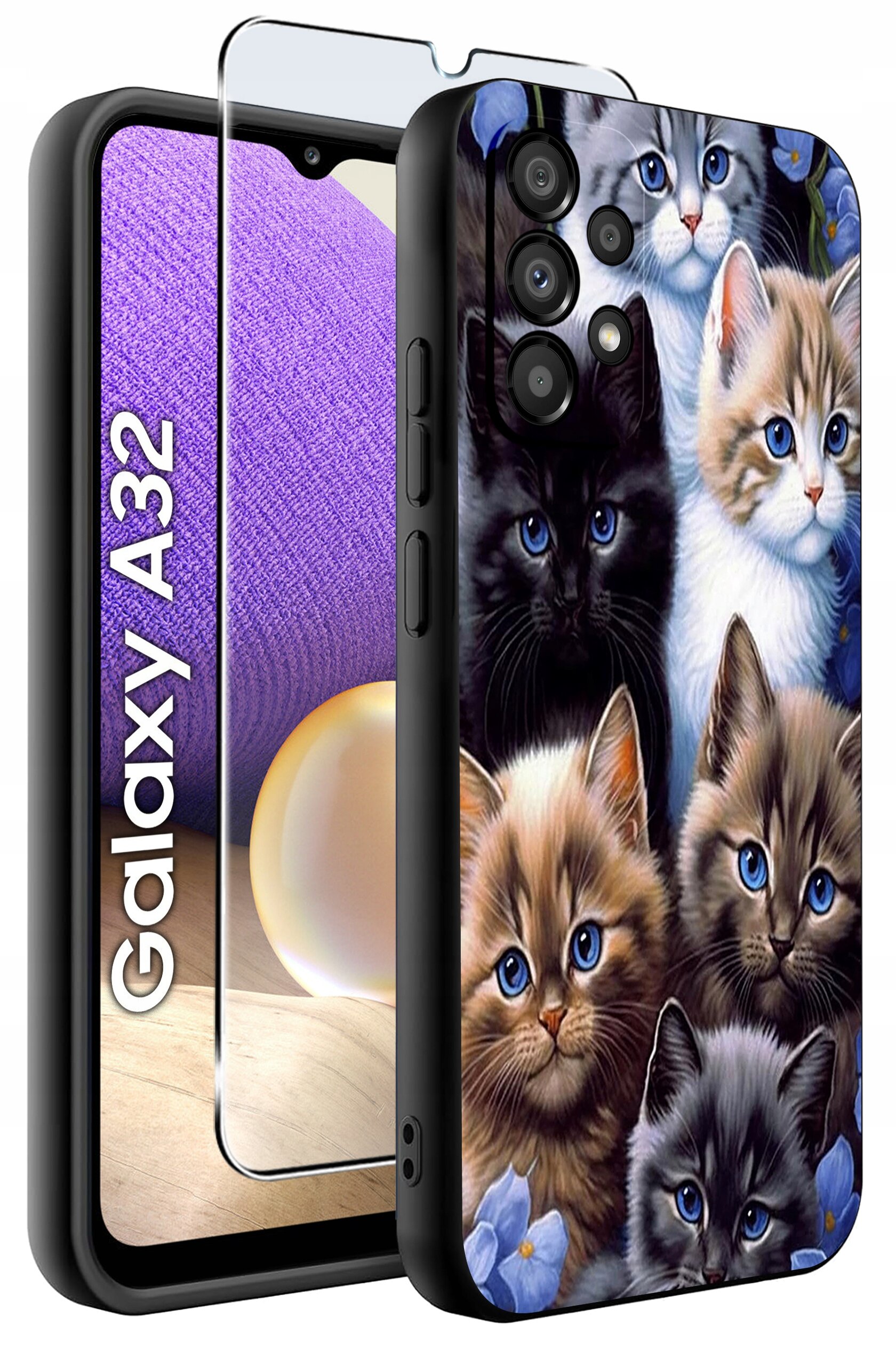 Etui na telefon z nadrukiem przedstawiającym kilka kotów o różnych umaszczeniach. Obok etui znajduje się szkło ochronne, a na ekranie telefonu widoczny jest napis \'Galaxy A32\'.