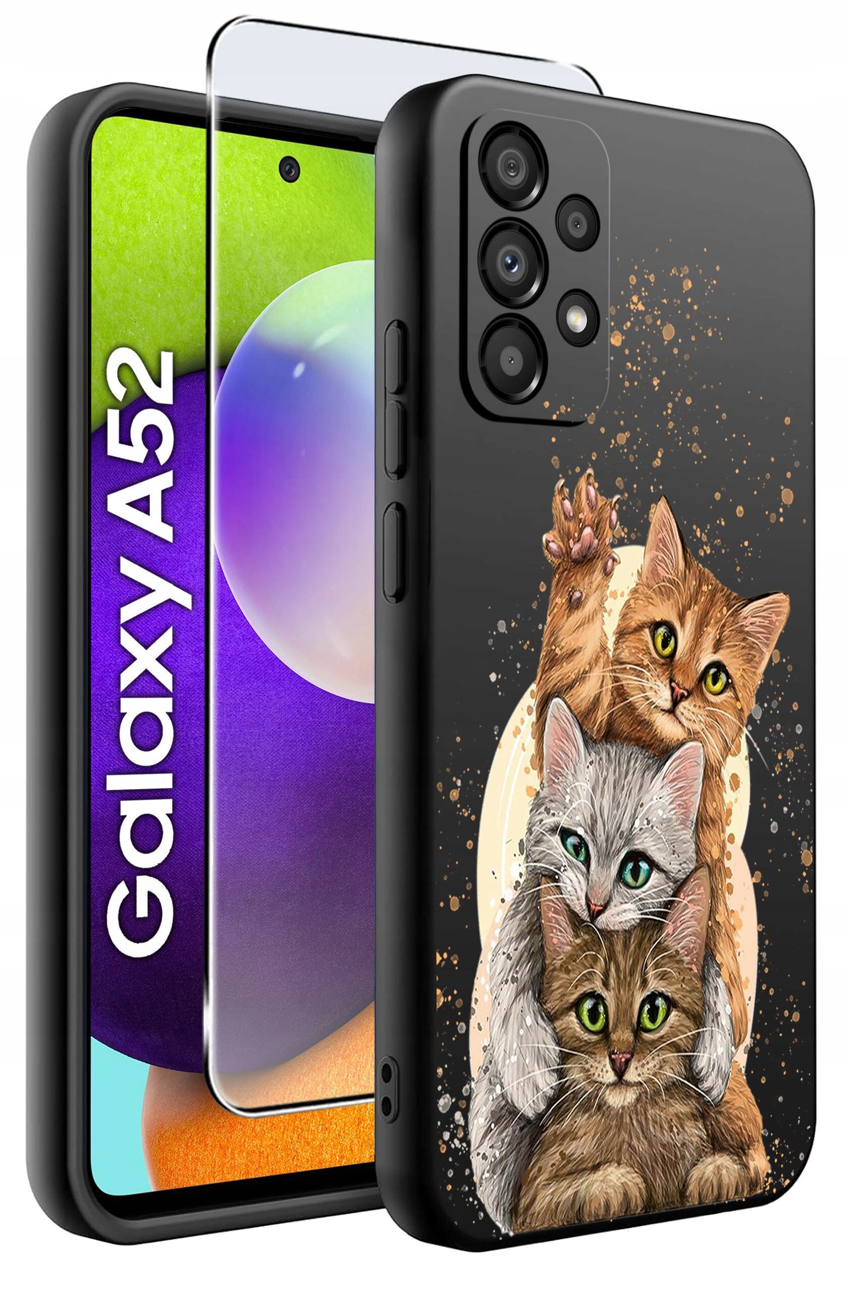 Etui na telefon z grafiką trzech kotów, z przezroczystą osłoną ekranu. Obok widoczny jest telefon z napisem \'Galaxy A52\'.