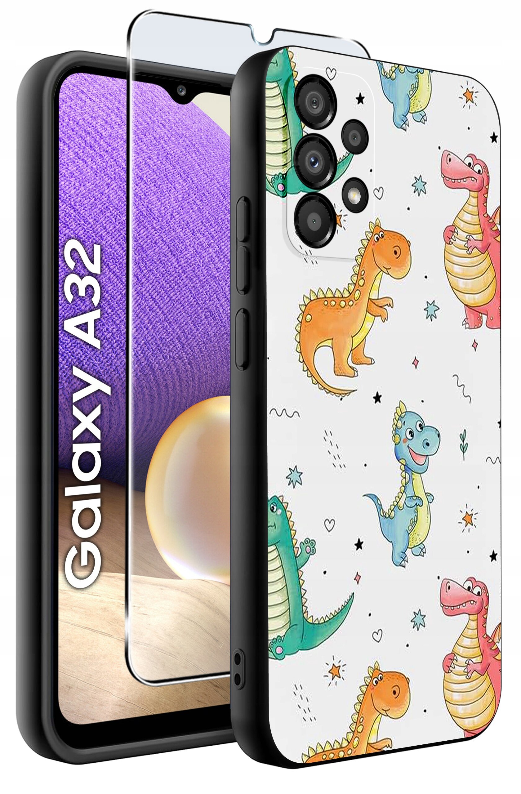 Etui na telefon z kolorowymi wzorami dinozaurów oraz szkło ochronne. Obok widoczny jest telefon z napisem \'Galaxy A32\'.