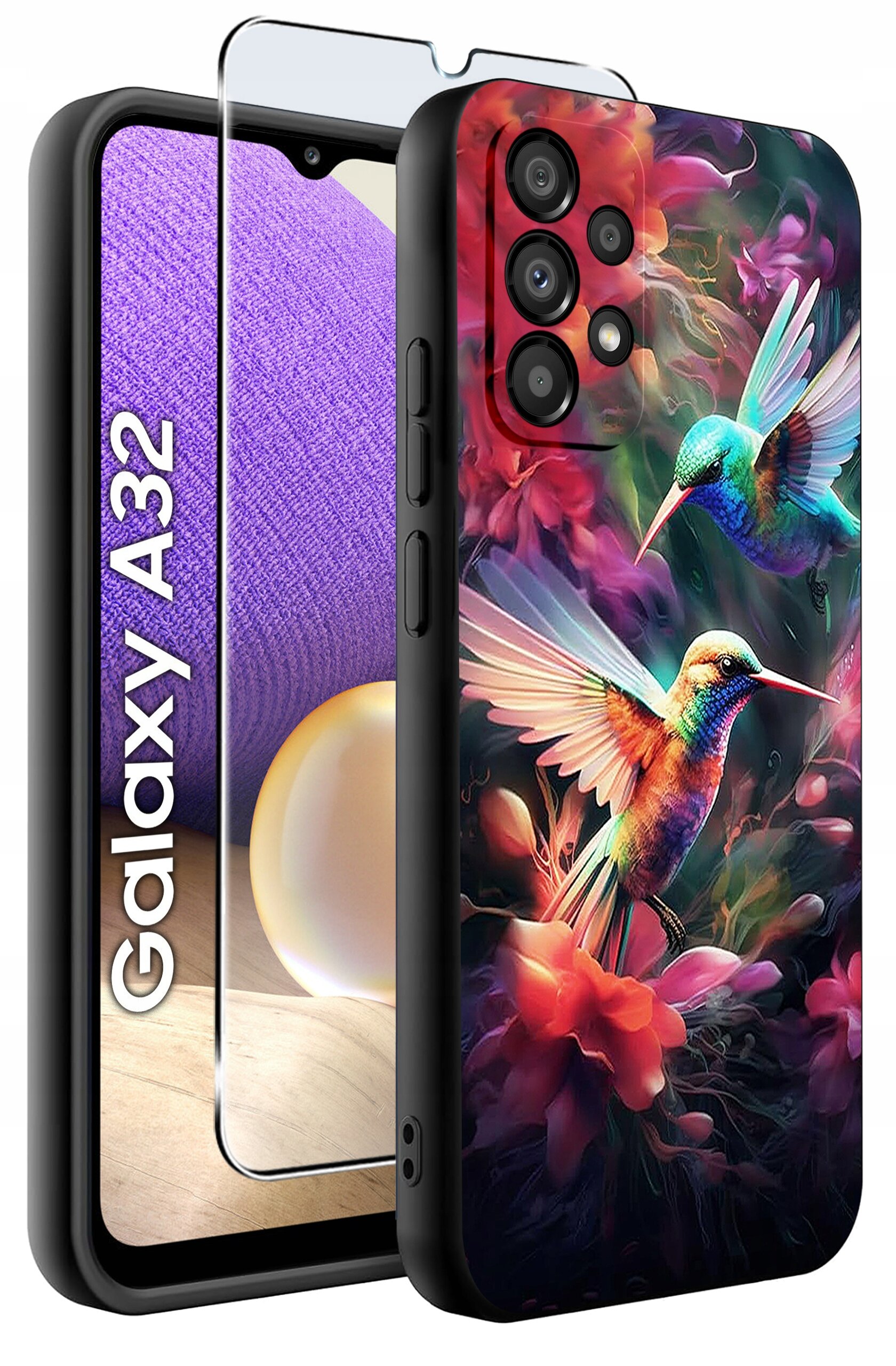 Etui na telefon z kolorowym wzorem przedstawiającym dwa kolibry wśród kwiatów, obok widoczna jest szybka ochronna. Na etui napis \'Galaxy A32\'.