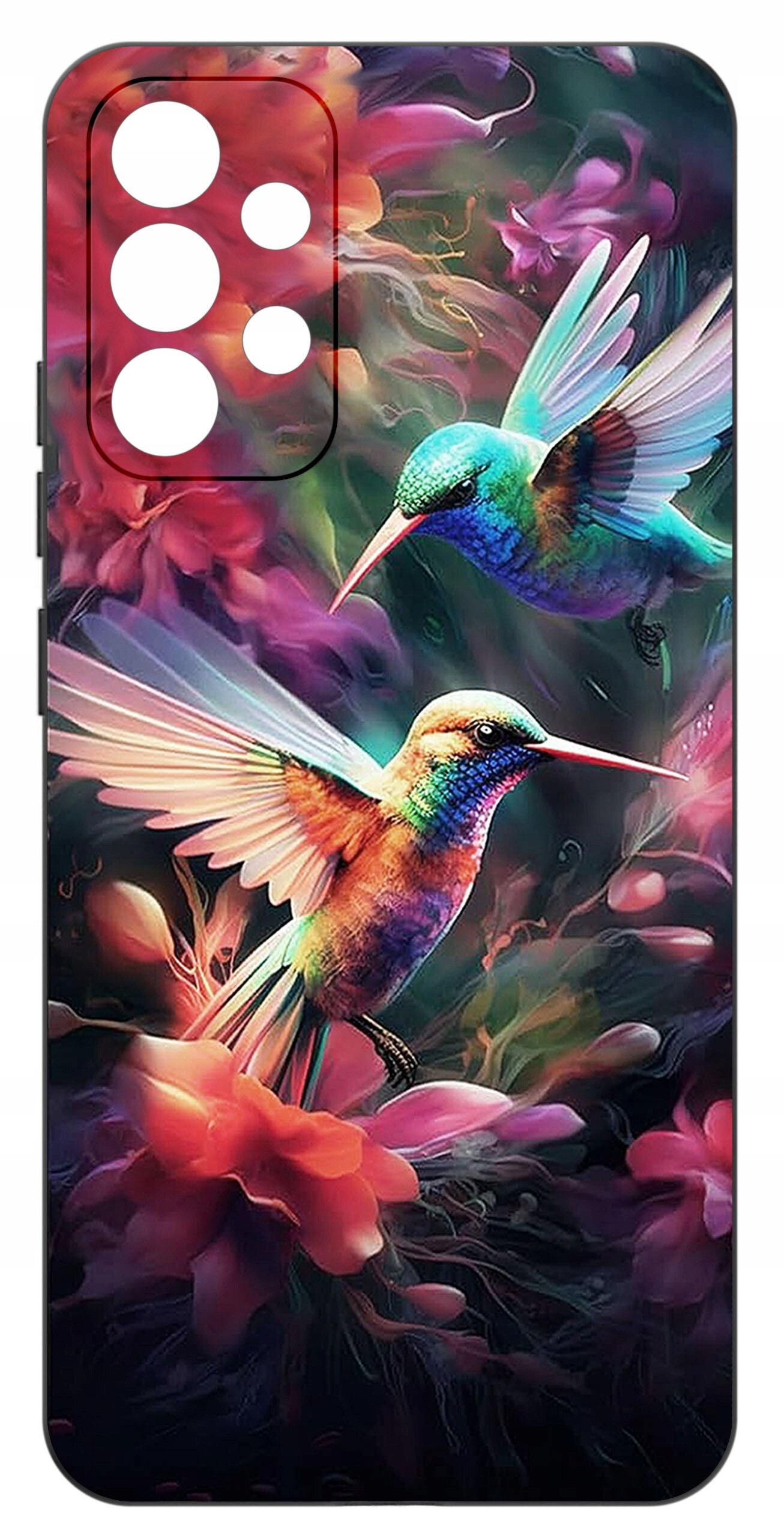 Etui na telefon z kolorowym wzorem przedstawiającym dwa kolibry wśród kwiatów. Tło jest pełne intensywnych barw, takich jak różowy, fioletowy i zielony.