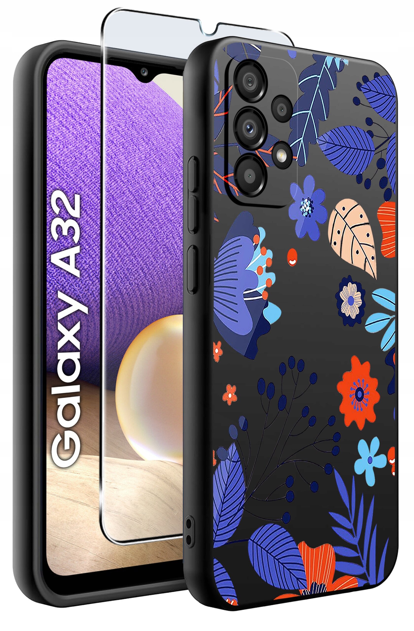 Etui do telefonu z kolorowym wzorem kwiatowym oraz szkło ochronne na ekran. Widoczny napis \'Galaxy A32\'.