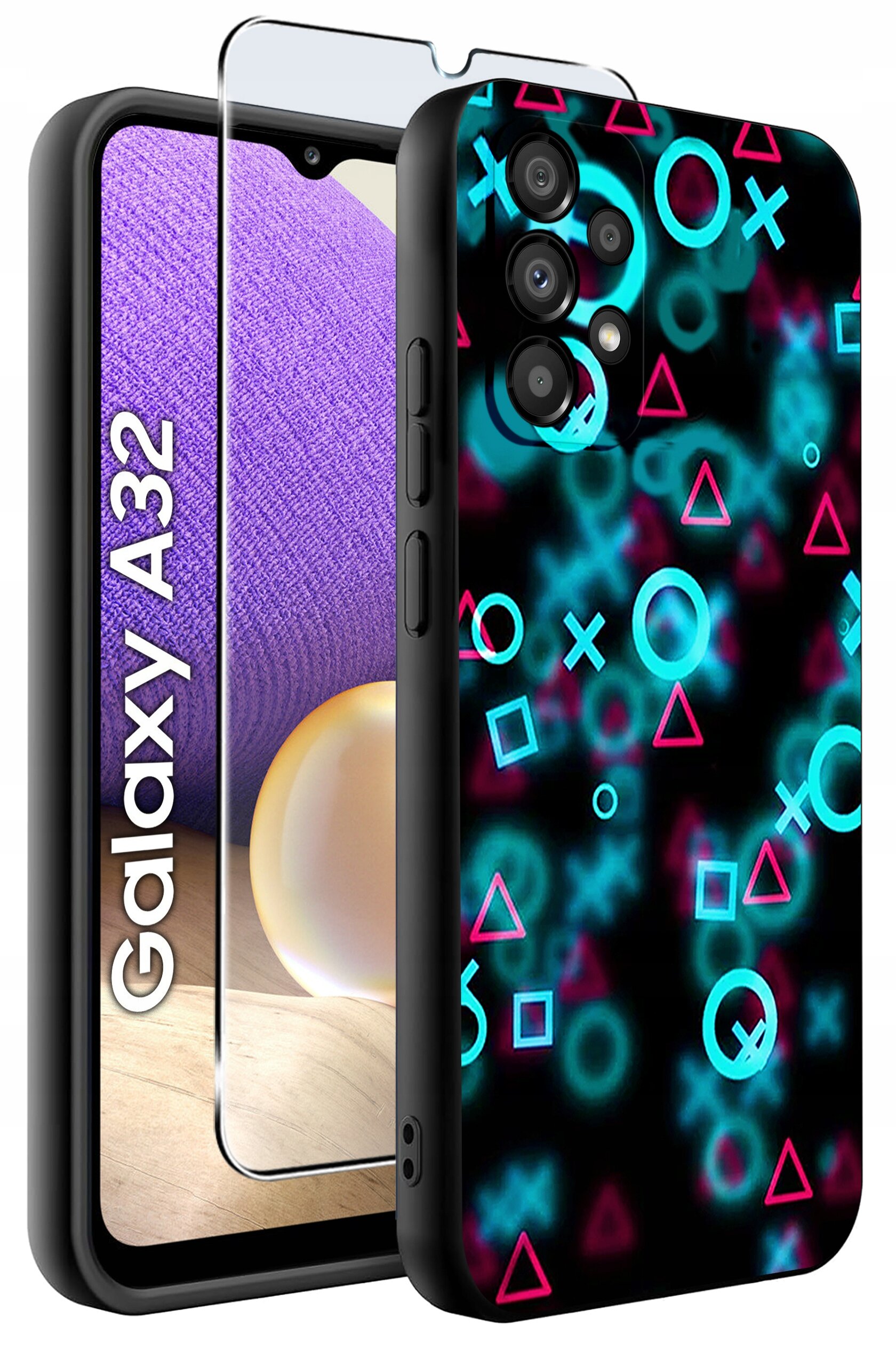 Etui do telefonu z kolorowym wzorem geometrycznych kształtów oraz szkło ochronne na ekran. Obok widoczny napis \'Galaxy A32\'.