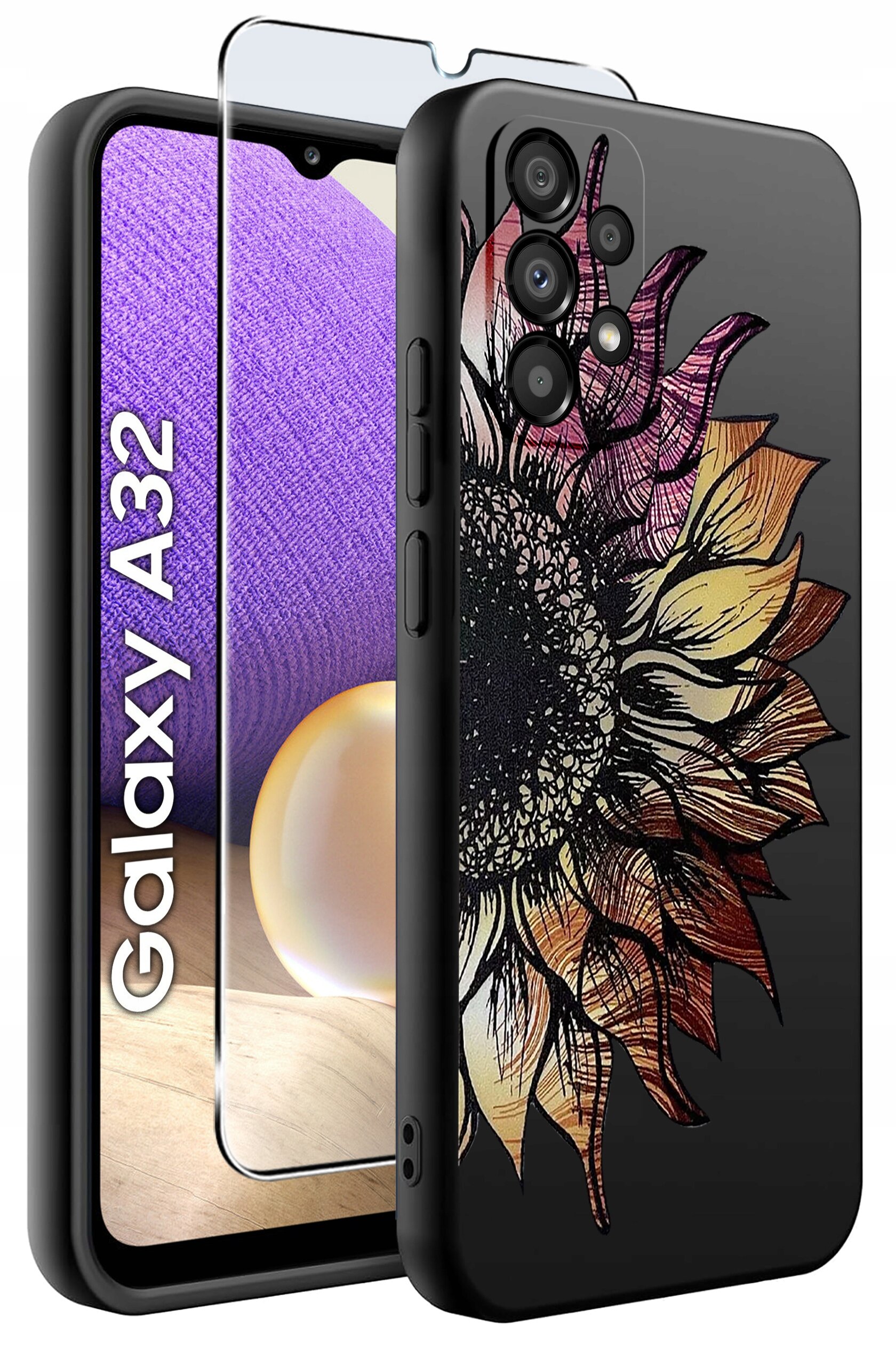 Etui na telefon z kolorowym wzorem słonecznika oraz szkło ochronne na ekran. Obok widoczny jest napis \'Galaxy A32\'.