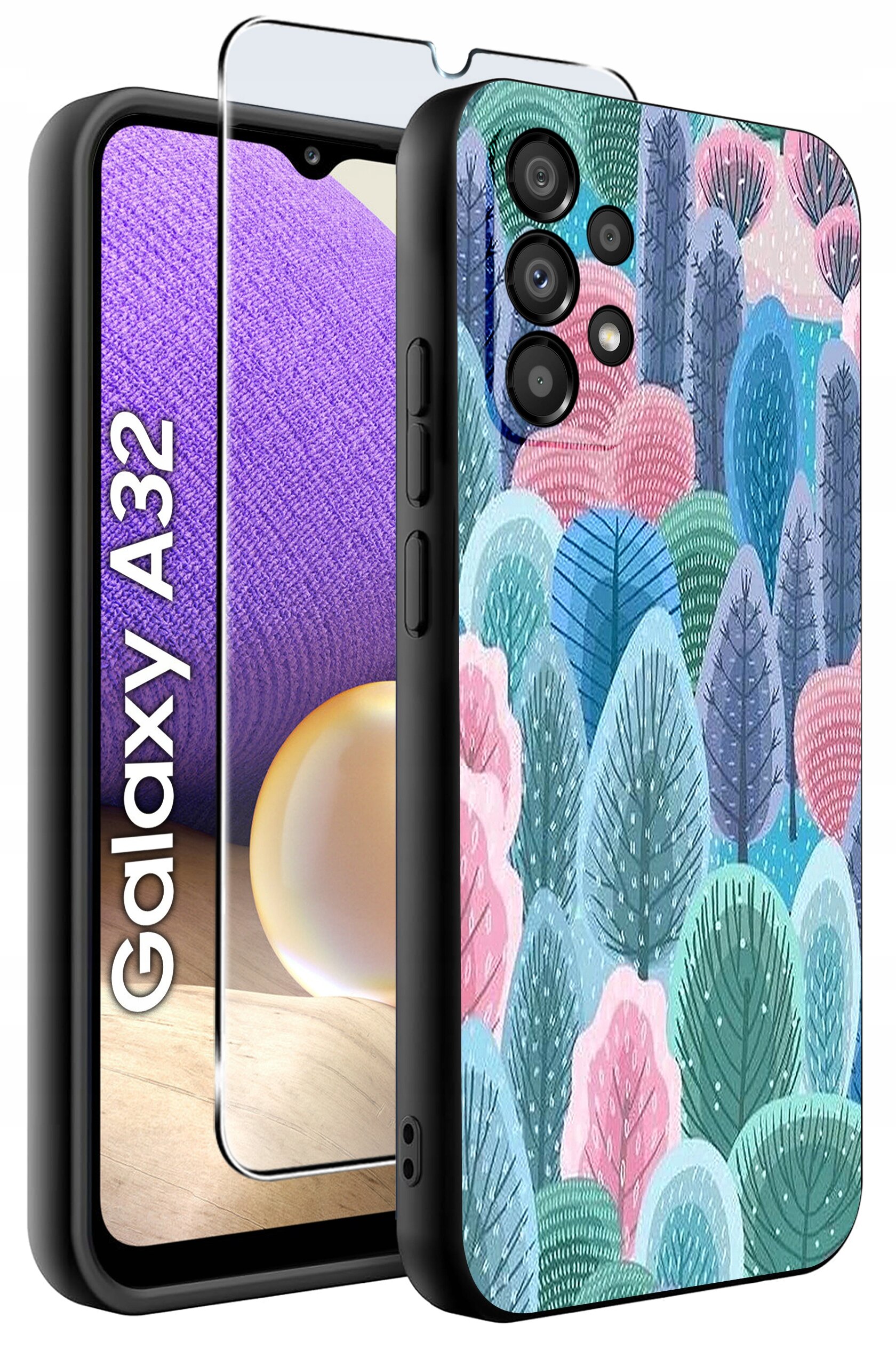 Etui na telefon z kolorowym wzorem drzew w odcieniach niebieskiego, zielonego i różowego. Obok etui znajduje się szkło ochronne oraz napis \'Galaxy A32\'.