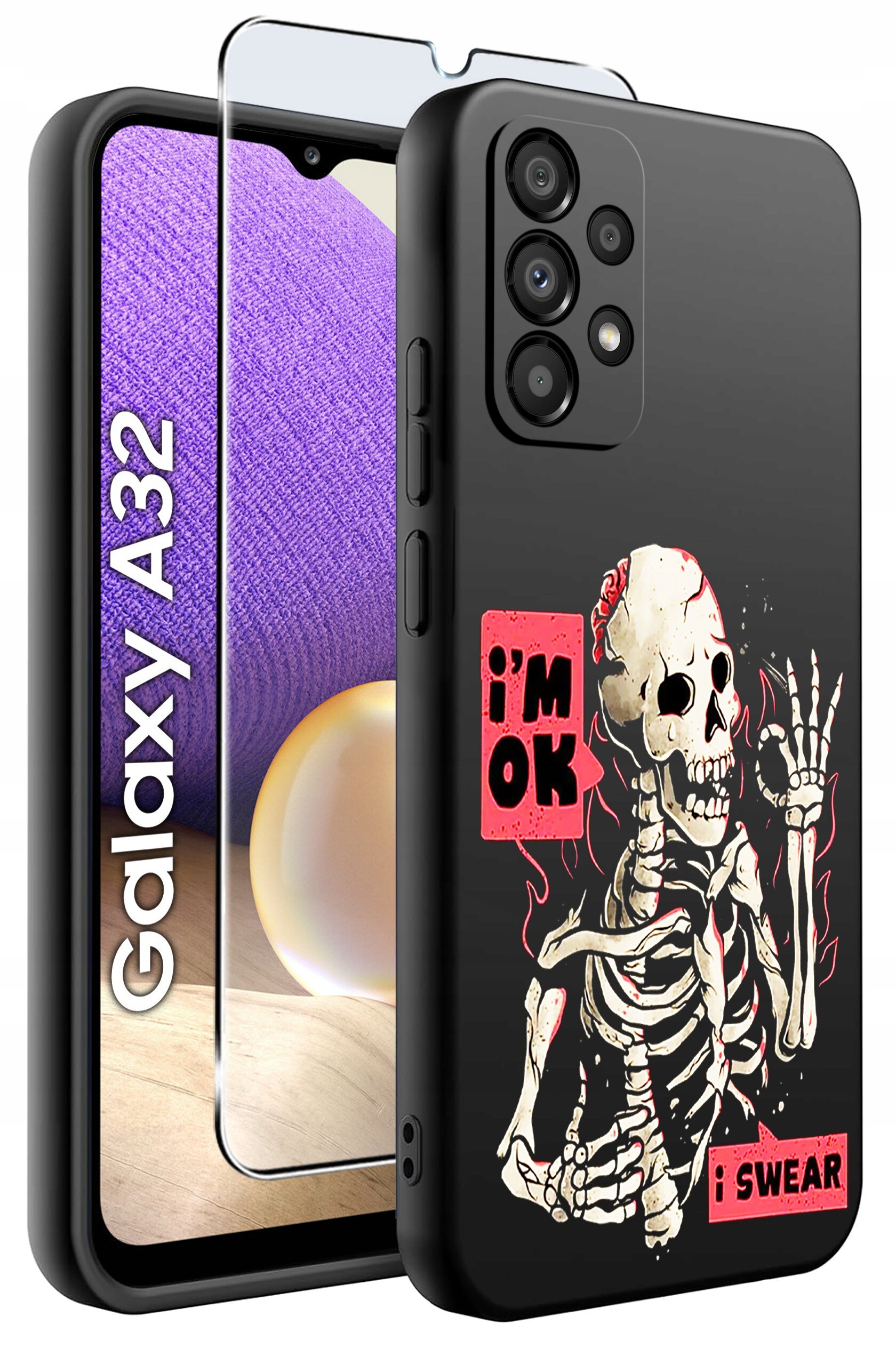 Obraz przedstawia czarne etui na telefon z nadrukiem szkieletu oraz napisami \'i\'m OK\' i \'i SWEAR\'. Obok etui znajduje się szkło ochronne, a na ekranie telefonu widoczny jest napis \'Galaxy A32\'.