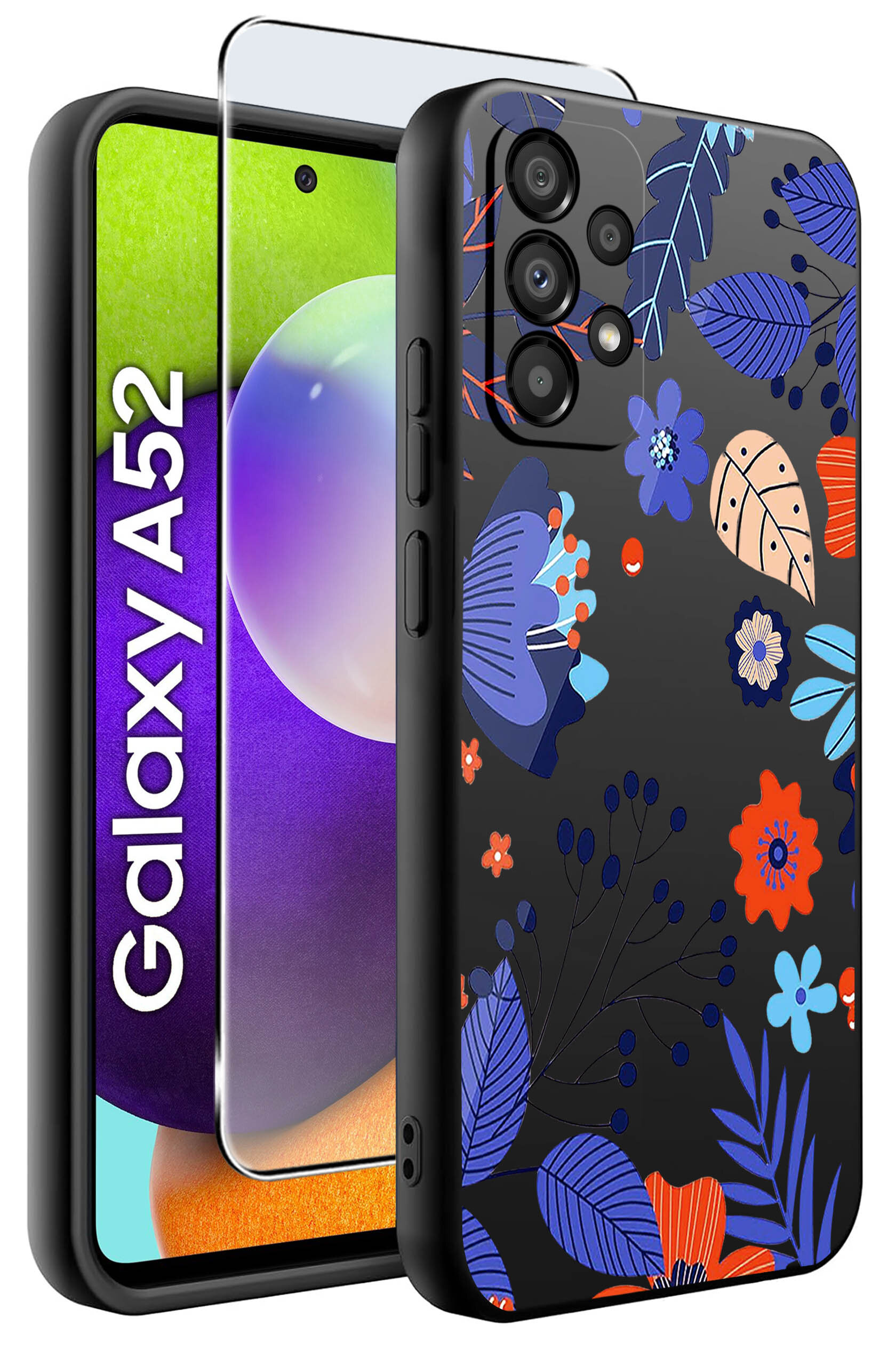Obraz przedstawia etui na telefon z kolorowym wzorem kwiatowym oraz szkło ochronne. Na ekranie telefonu widoczny jest napis \'Galaxy A52\'.