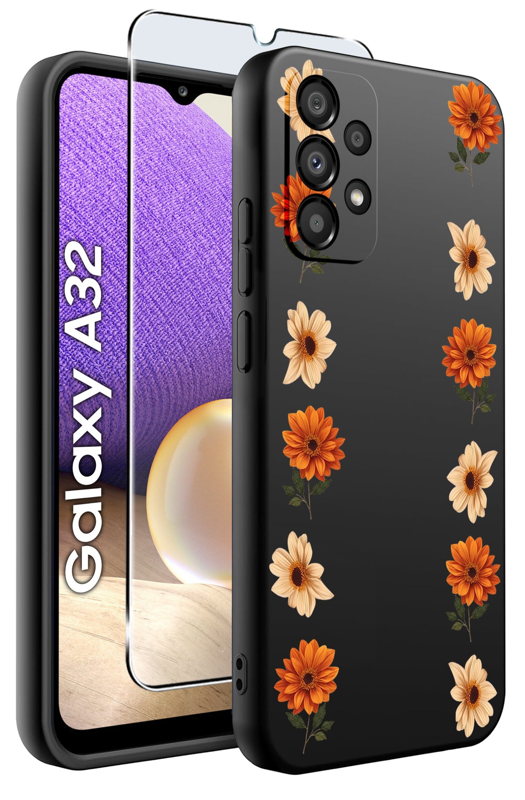 Obraz przedstawia czarne etui na telefon z motywem kwiatowym w kolorach pomarańczowym i kremowym oraz szkło ochronne. Na ekranie telefonu widoczny jest napis \'Galaxy A32\'.