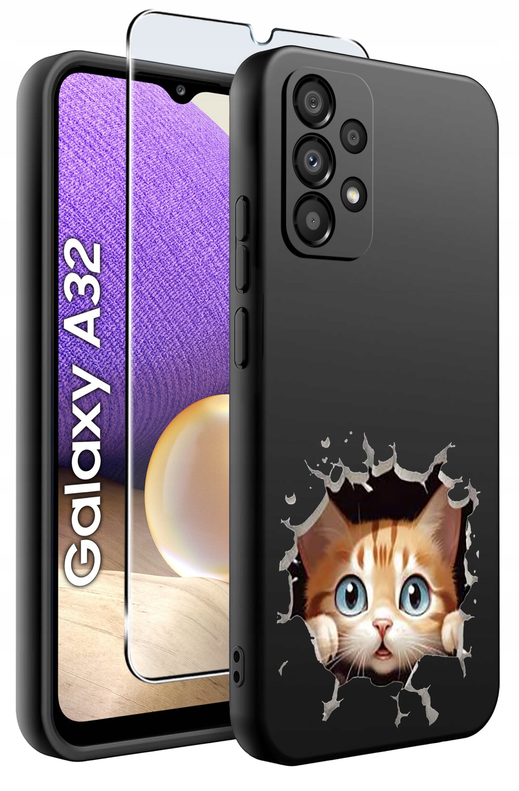 Obraz przedstawia czarne etui na telefon z nadrukiem kota wyglądającego przez dziurę. Obok etui widoczny jest telefon z napisem \'Galaxy A32\' oraz szkło ochronne.