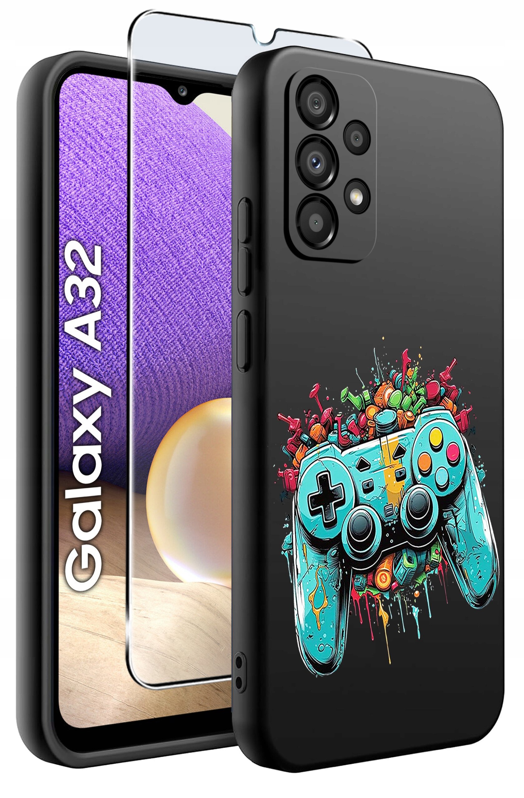 Obraz przedstawia etui na telefon z kolorowym wzorem kontrolera do gier oraz szkło ochronne. Na ekranie telefonu widoczny jest napis \'Galaxy A32\'.