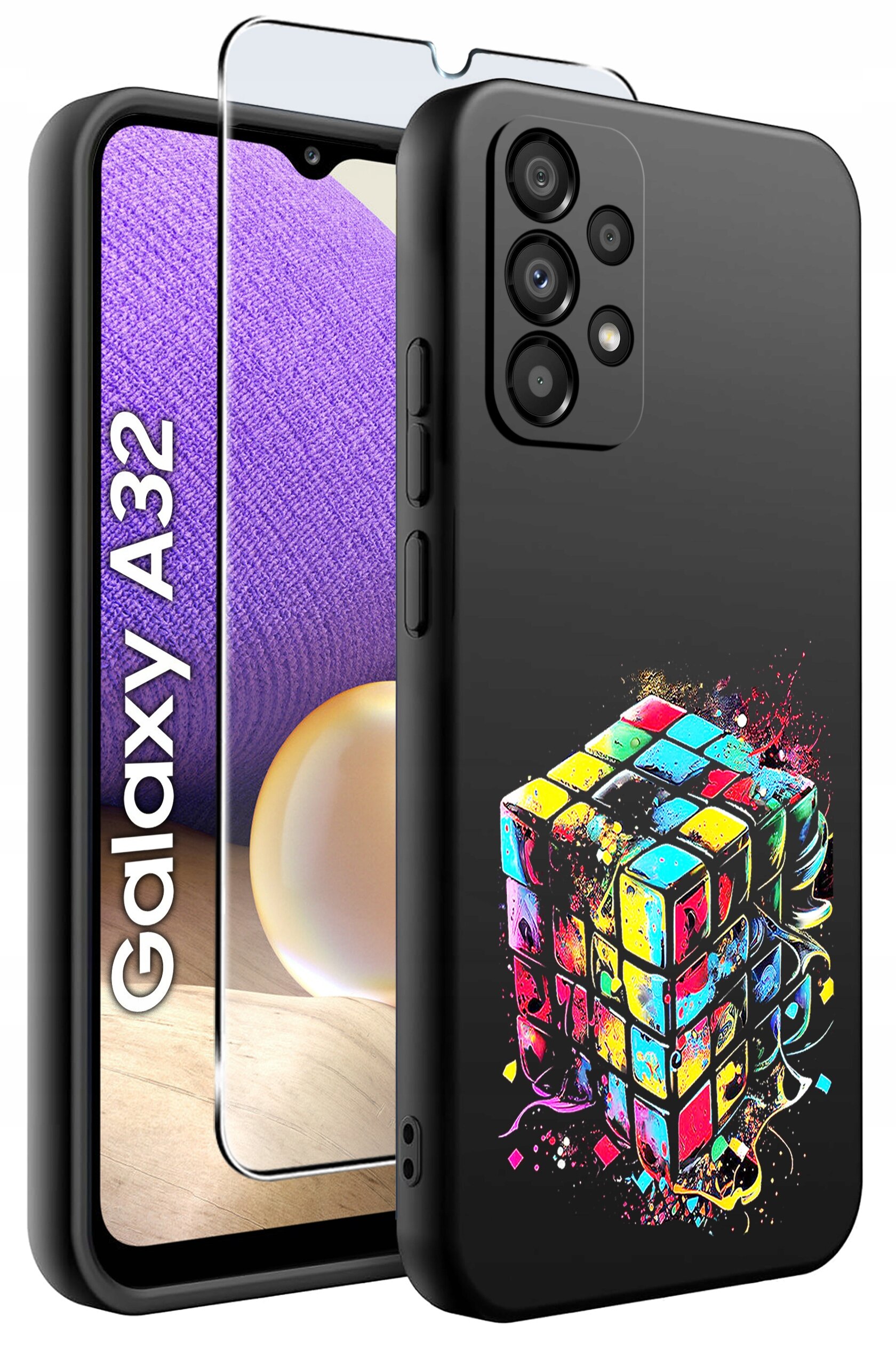 Obraz przedstawia etui na telefon z kolorowym wzorem przypominającym kostkę Rubika oraz szkło ochronne. Obok widoczny jest telefon z napisem \'Galaxy A32\'.