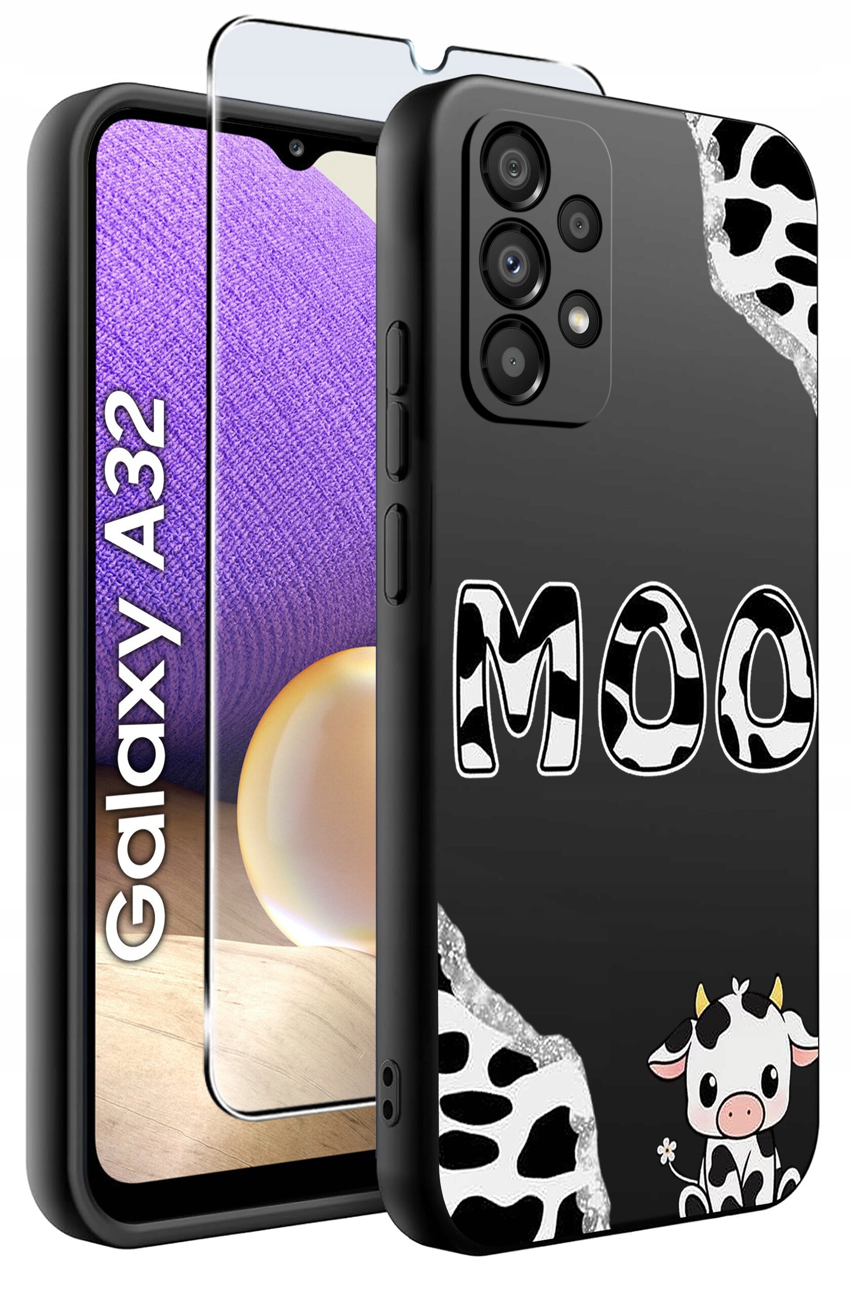 Etui na telefon z motywem krowy i napisem \'MOO\', obok znajduje się szkło ochronne. Na ekranie telefonu widoczny jest napis \'Galaxy A32\'.