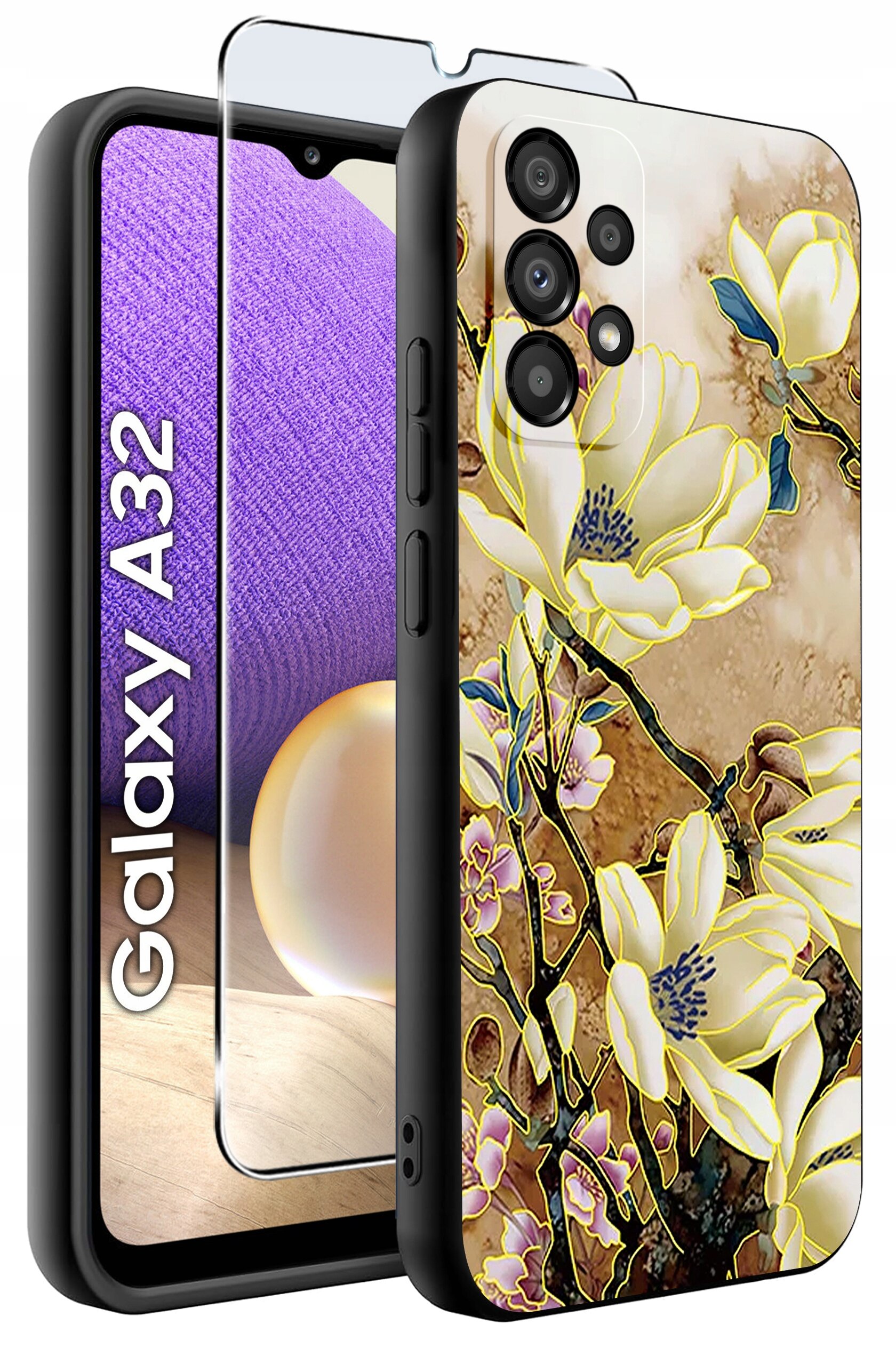 Etui na telefon z motywem kwiatowym w kolorach żółtym i brązowym oraz szkło ochronne. Obok widoczny napis \'Galaxy A32\'.