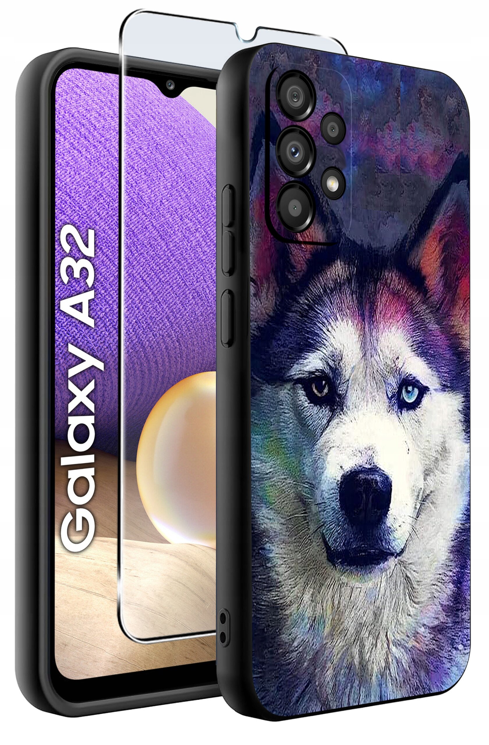 Etui na telefon z nadrukiem psa oraz szkło ochronne, obok widoczny napis \'Galaxy A32\'.