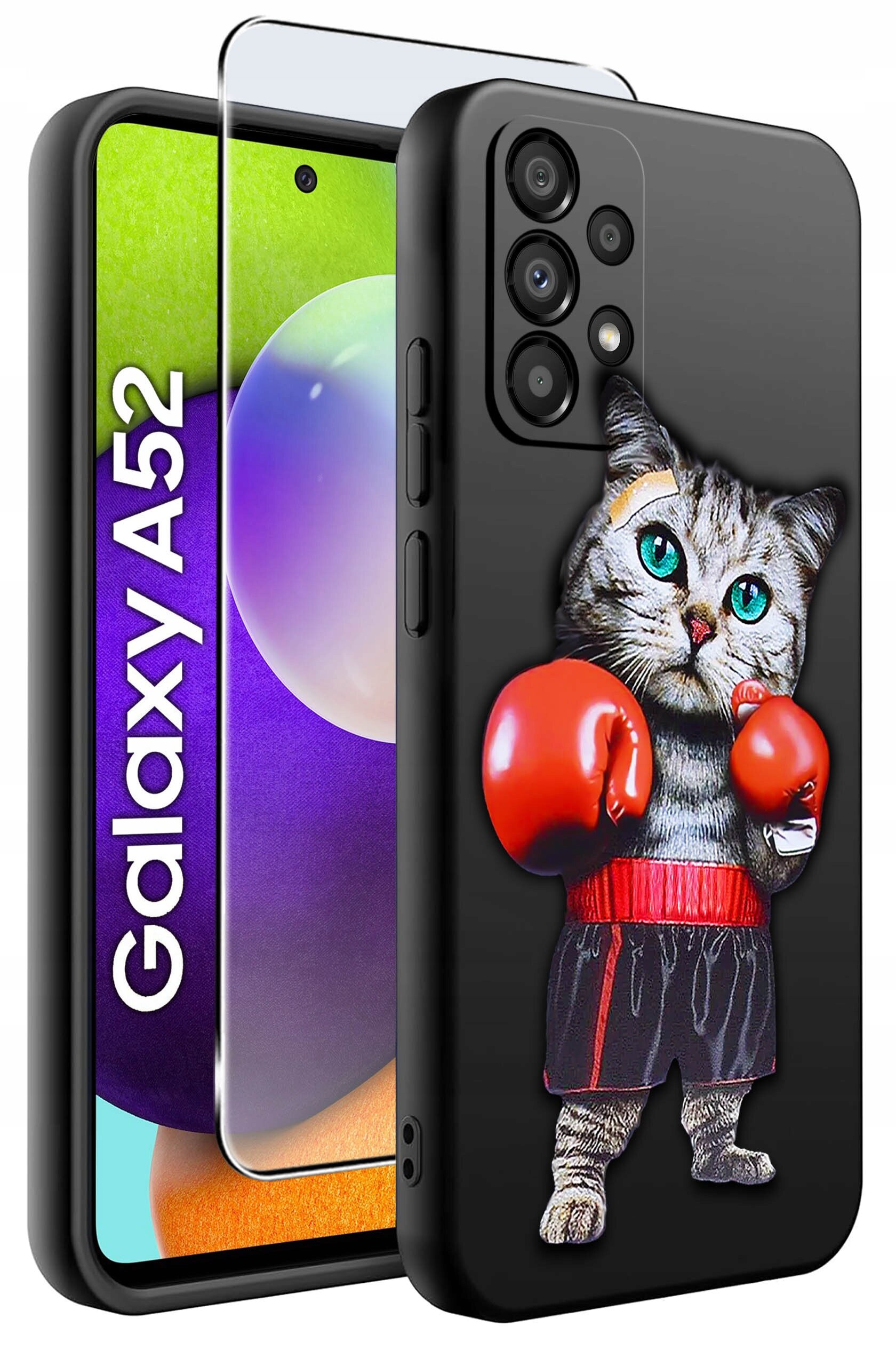 Etui na telefon z grafiką kota w rękawicach bokserskich, obok widoczny telefon z napisem \'Galaxy A52\'.