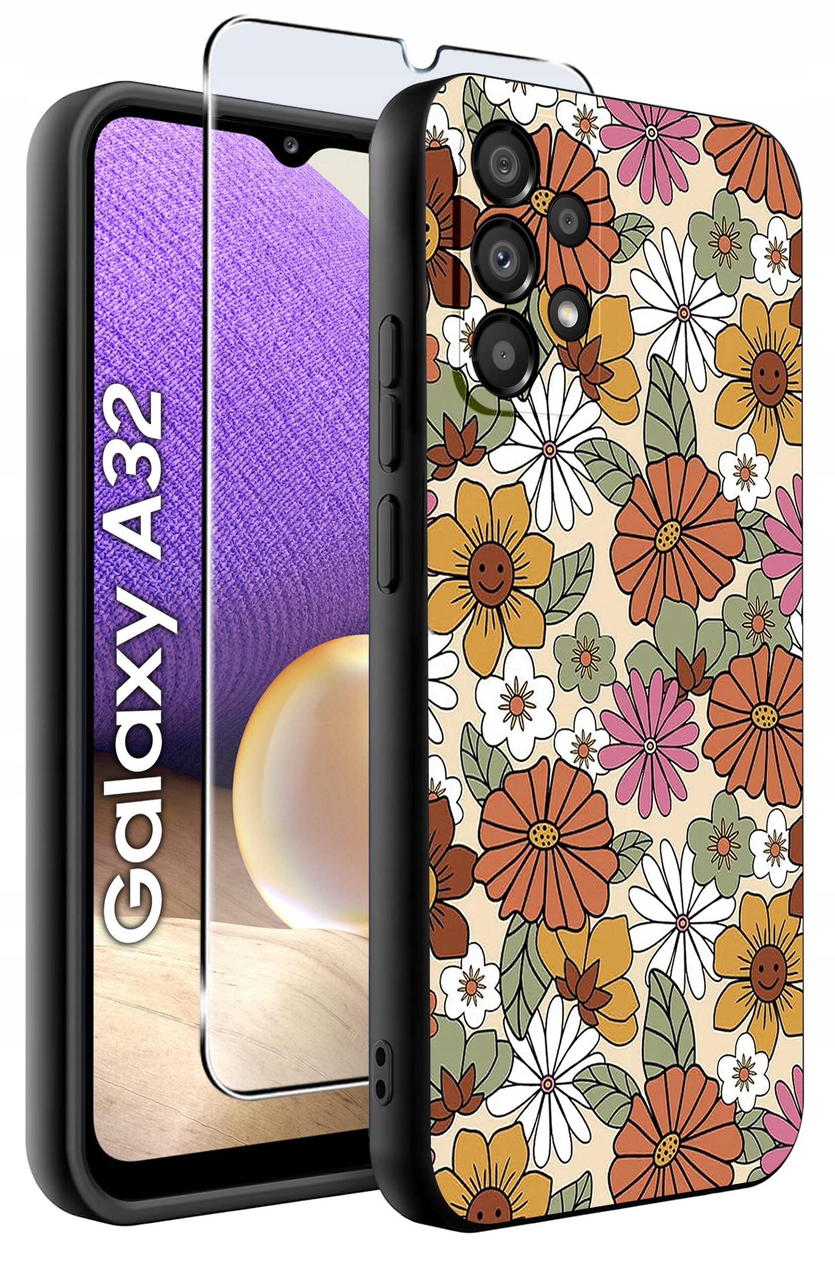 Obraz przedstawia etui na telefon z kolorowym wzorem kwiatowym oraz szkło ochronne. Na ekranie telefonu widoczny jest napis \'Galaxy A32\'.