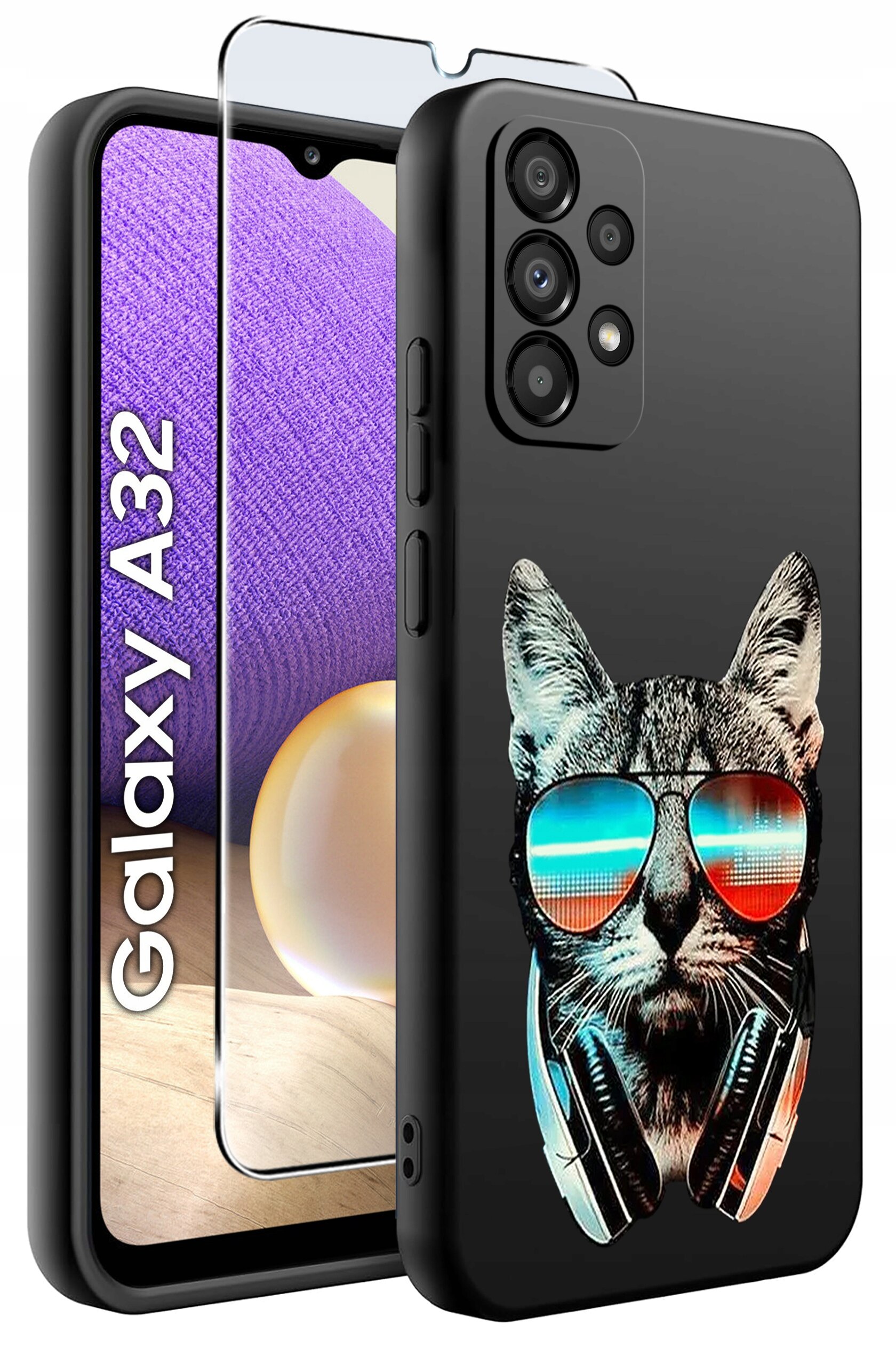 Obraz przedstawia etui na telefon z nadrukiem kota w okularach przeciwsłonecznych i słuchawkach. Obok znajduje się szkło ochronne oraz telefon z widocznym napisem \'Galaxy A32\'.