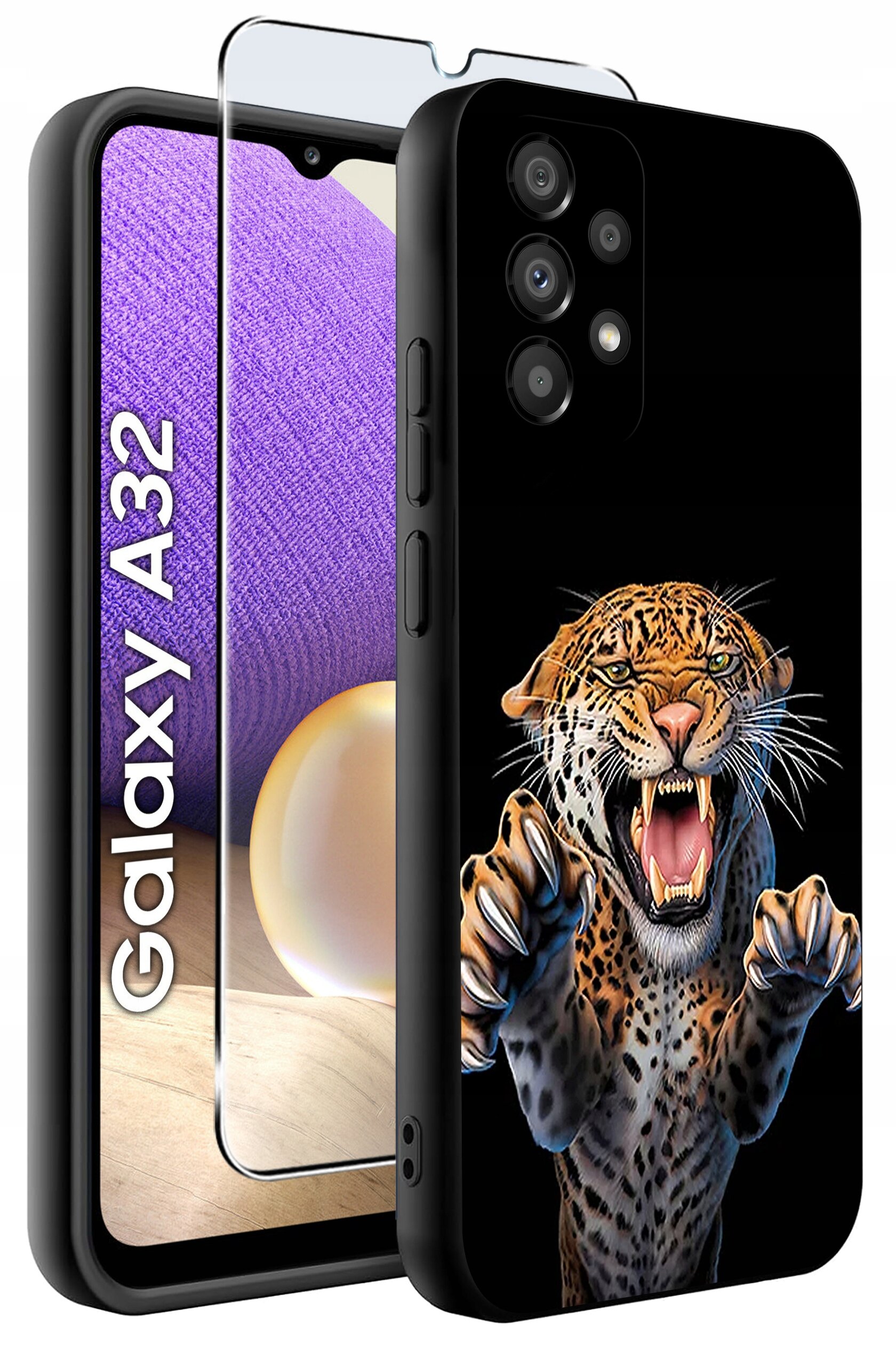 Etui na telefon z nadrukiem ryczącego lamparta oraz szkło ochronne na ekran. Obok widoczny jest napis \'Galaxy A32\'.