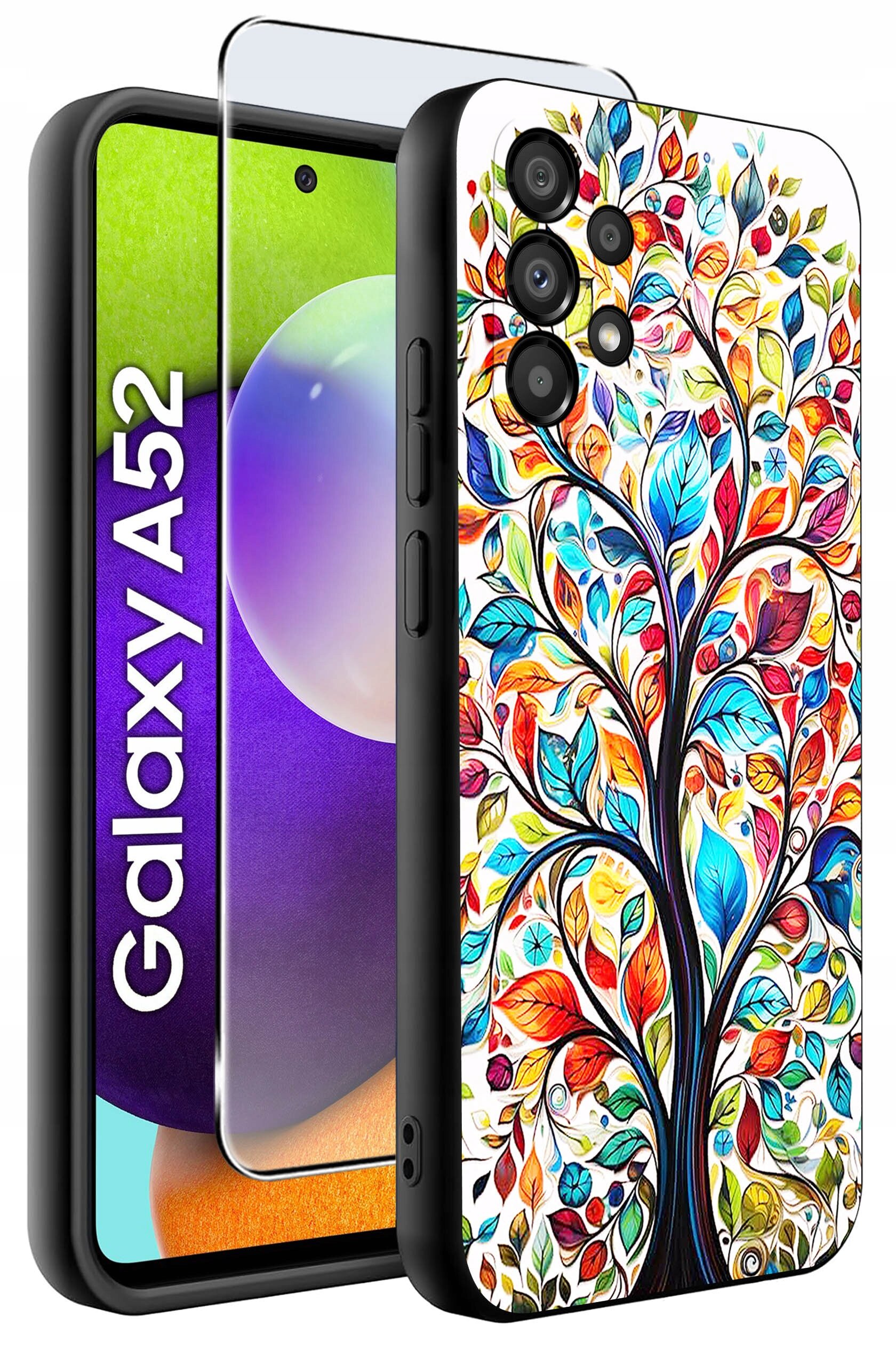 Etui na telefon z kolorowym wzorem drzewa z liśćmi w różnych barwach. Obok widoczny jest napis \'Galaxy A52\' oraz szkło ochronne na ekran.