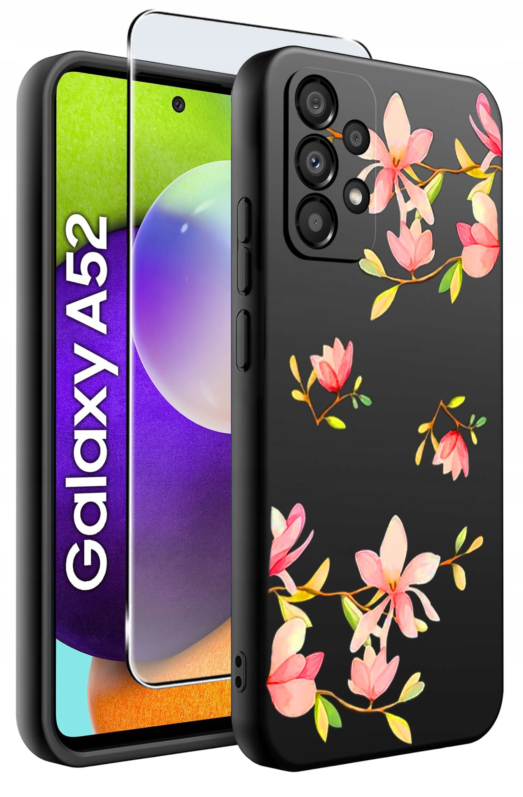 Etui na telefon z motywem kwiatowym, wykonane z czarnego materiału, obok telefonu z napisem \'Galaxy A52\'.
