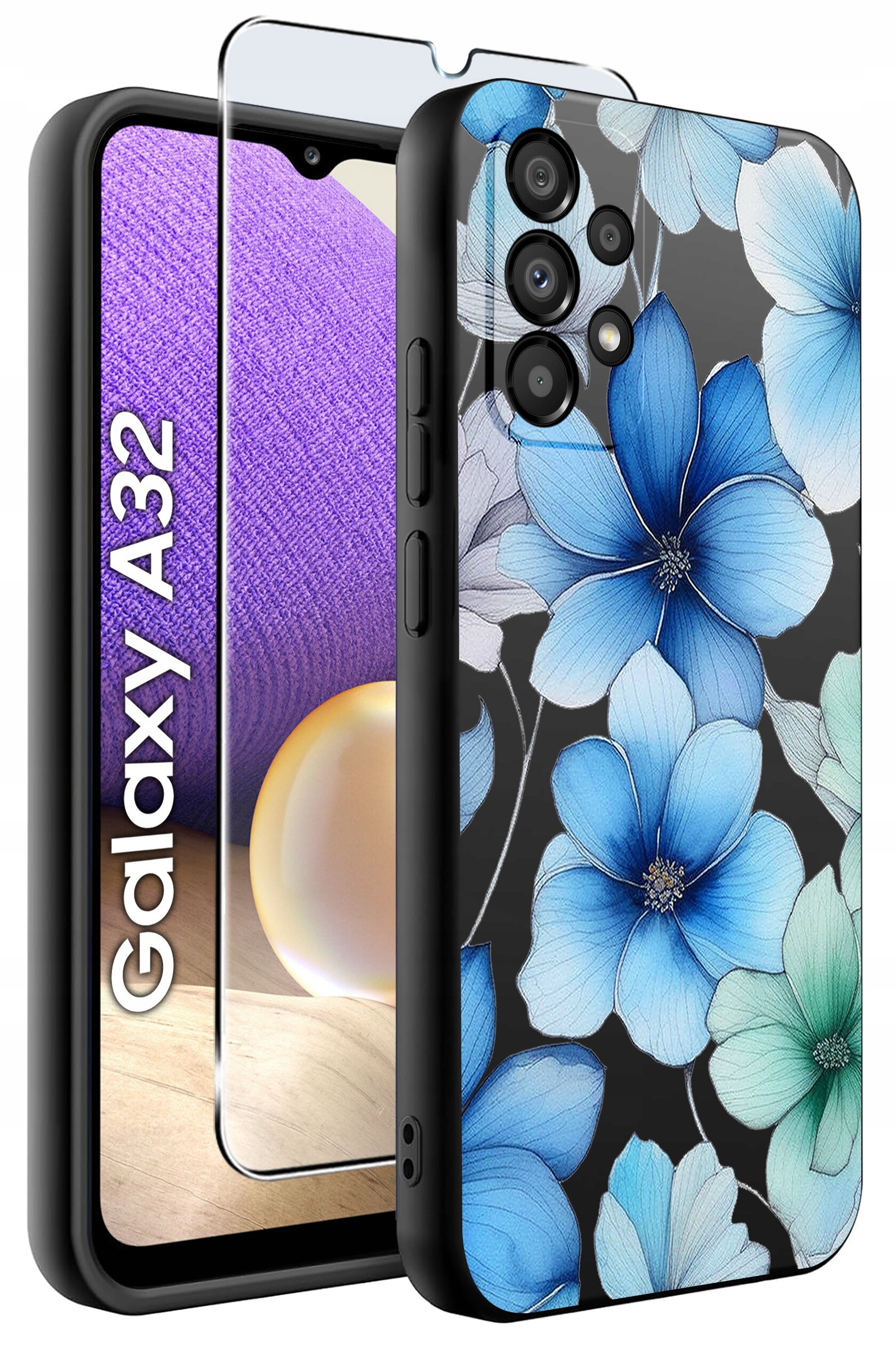 Obraz przedstawia etui na telefon z motywem niebieskich kwiatów oraz szkło ochronne. Na ekranie telefonu widoczny jest napis \'Galaxy A32\'.