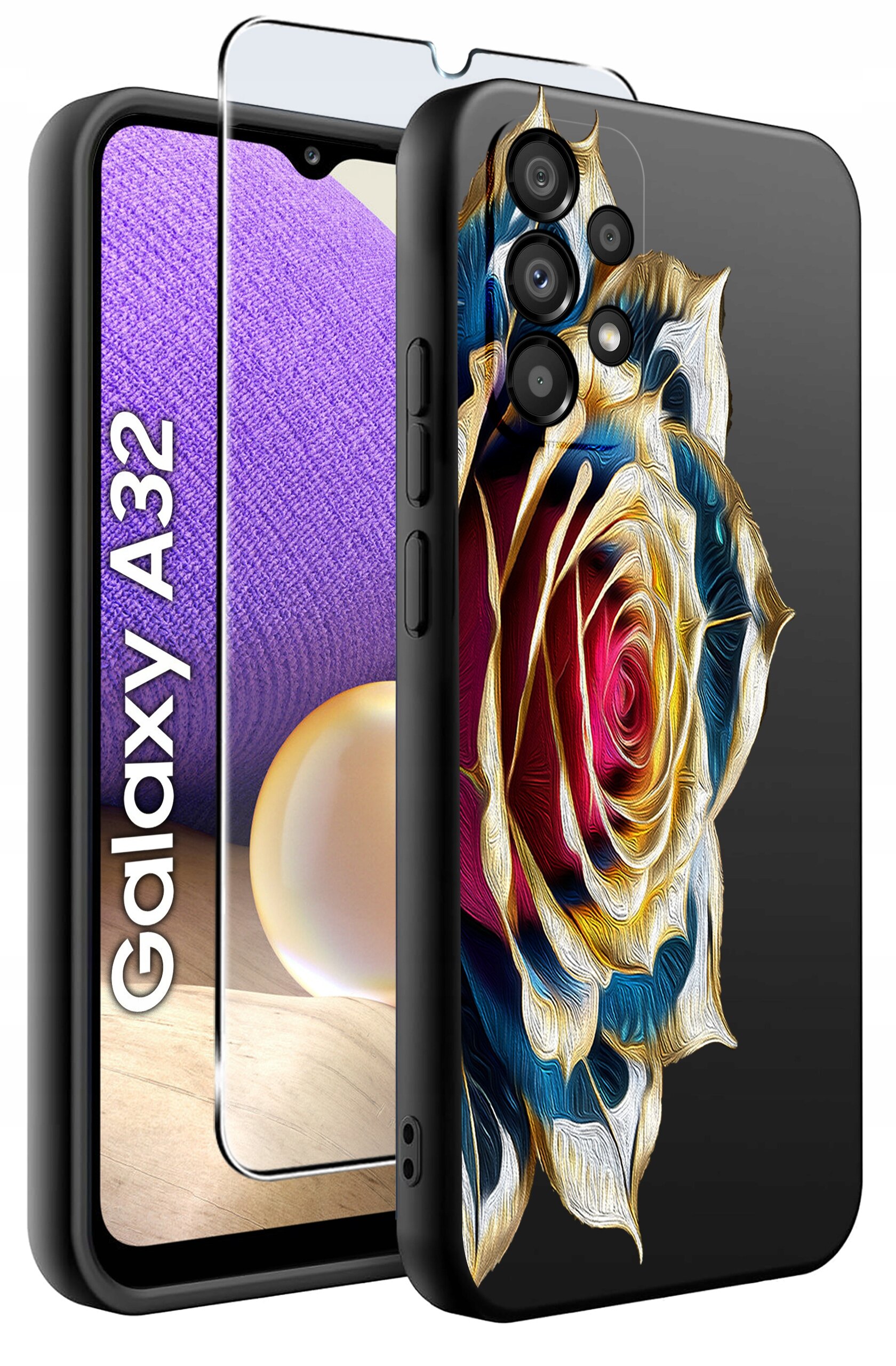 Obraz przedstawia etui na telefon z kolorowym wzorem róży oraz szkło ochronne. Na ekranie telefonu widoczny jest napis \'Galaxy A32\'.