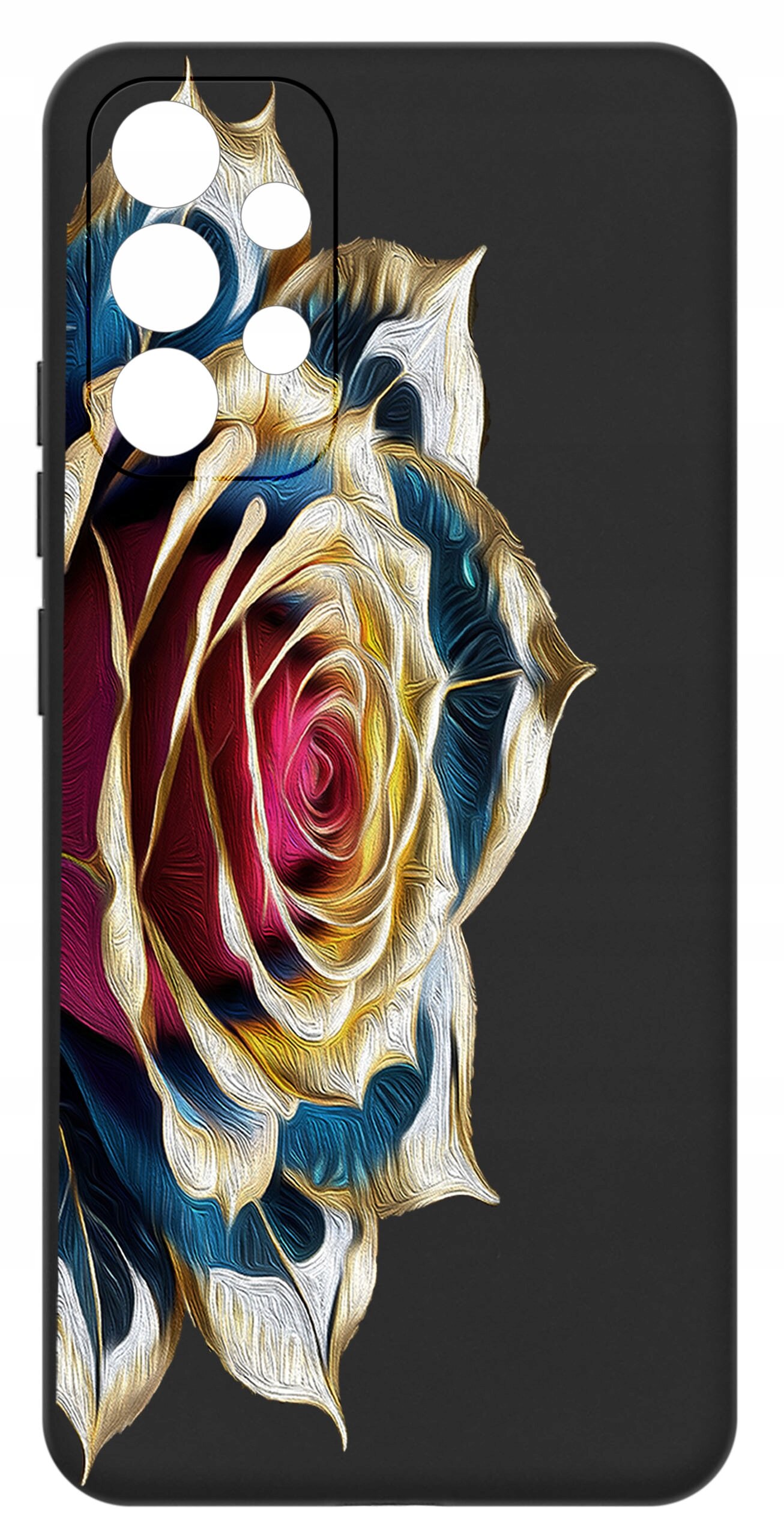 Etui na telefon z kolorowym wzorem róży na czarnym tle, z wycięciami na aparat.
