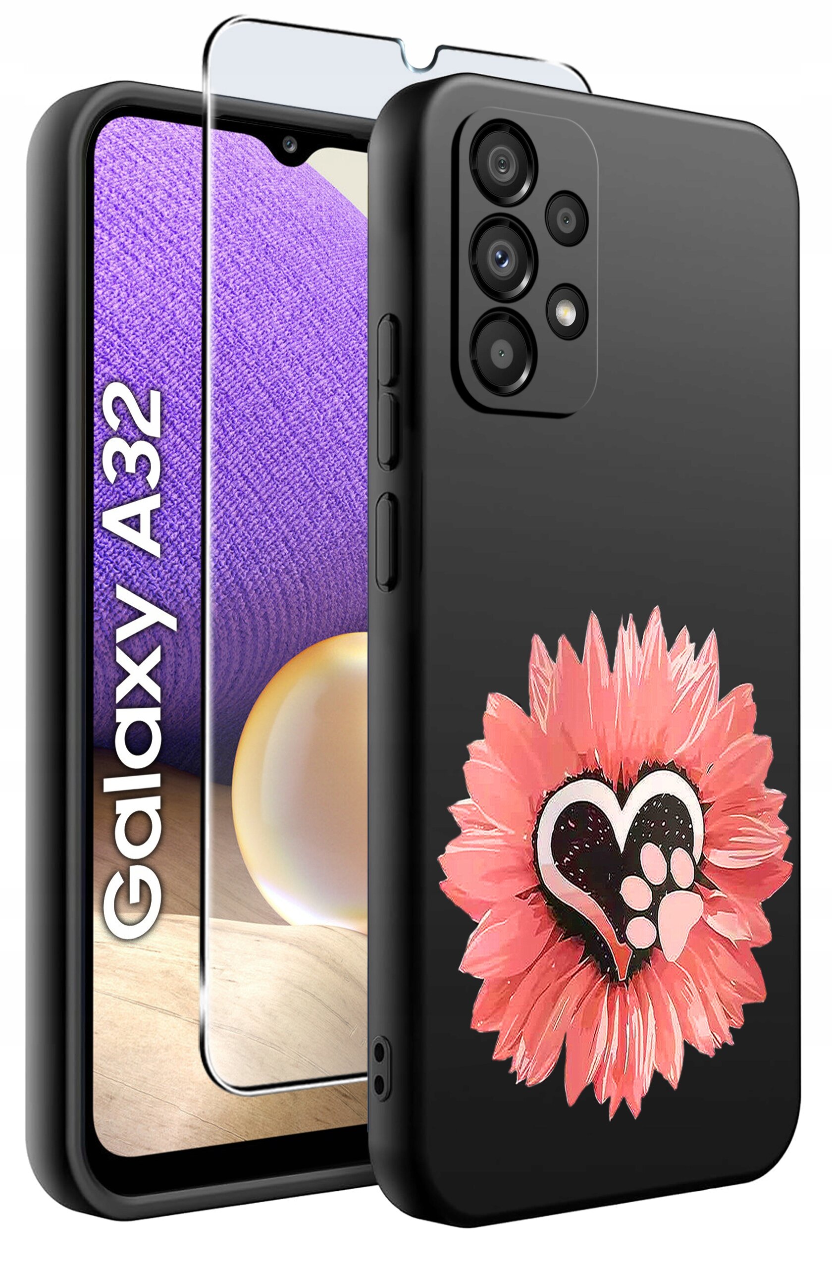 Obraz przedstawia czarne etui na telefon z motywem różowego kwiatu i serca z odciskiem łapy. Obok etui widoczny jest telefon z napisem \'Galaxy A32\' oraz szkło ochronne.