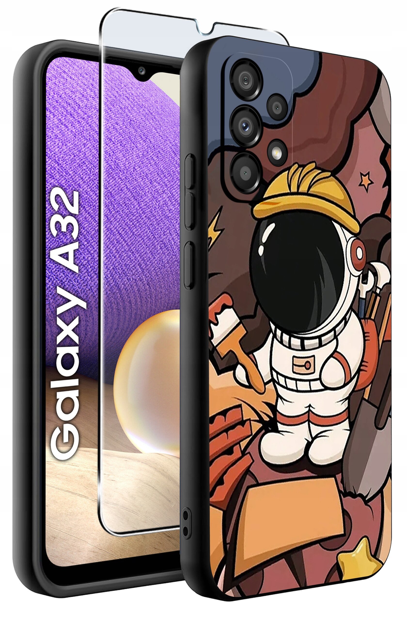 Obraz przedstawia etui na telefon z grafiką astronauty w kasku na tle kolorowych elementów. Obok widoczny jest telefon z napisem \'Galaxy A32\' oraz szkło ochronne.