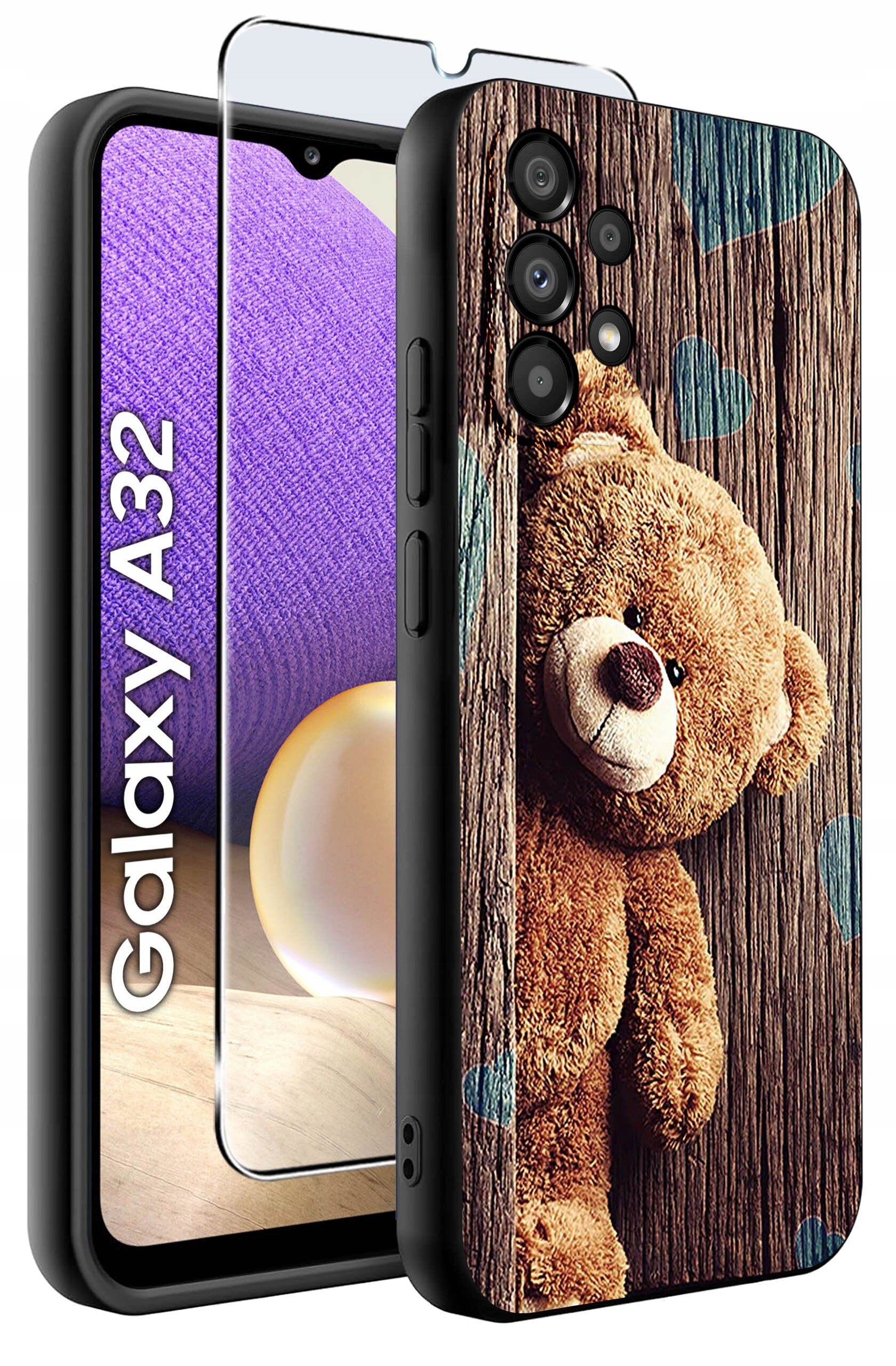Etui na telefon z nadrukiem misia na tle drewnianej tekstury oraz szkło ochronne. Widoczny napis \'Galaxy A32\'.