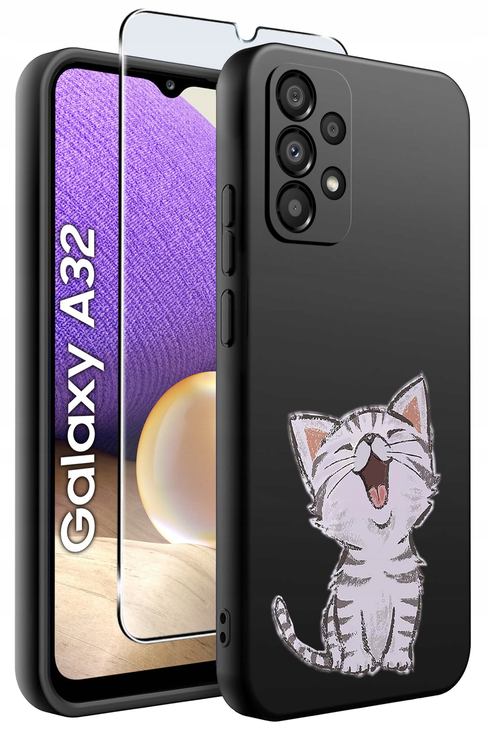 Czarne etui na telefon z nadrukiem uśmiechniętego kota oraz szkło ochronne. Obok widoczny jest telefon z napisem \'Galaxy A32\'.
