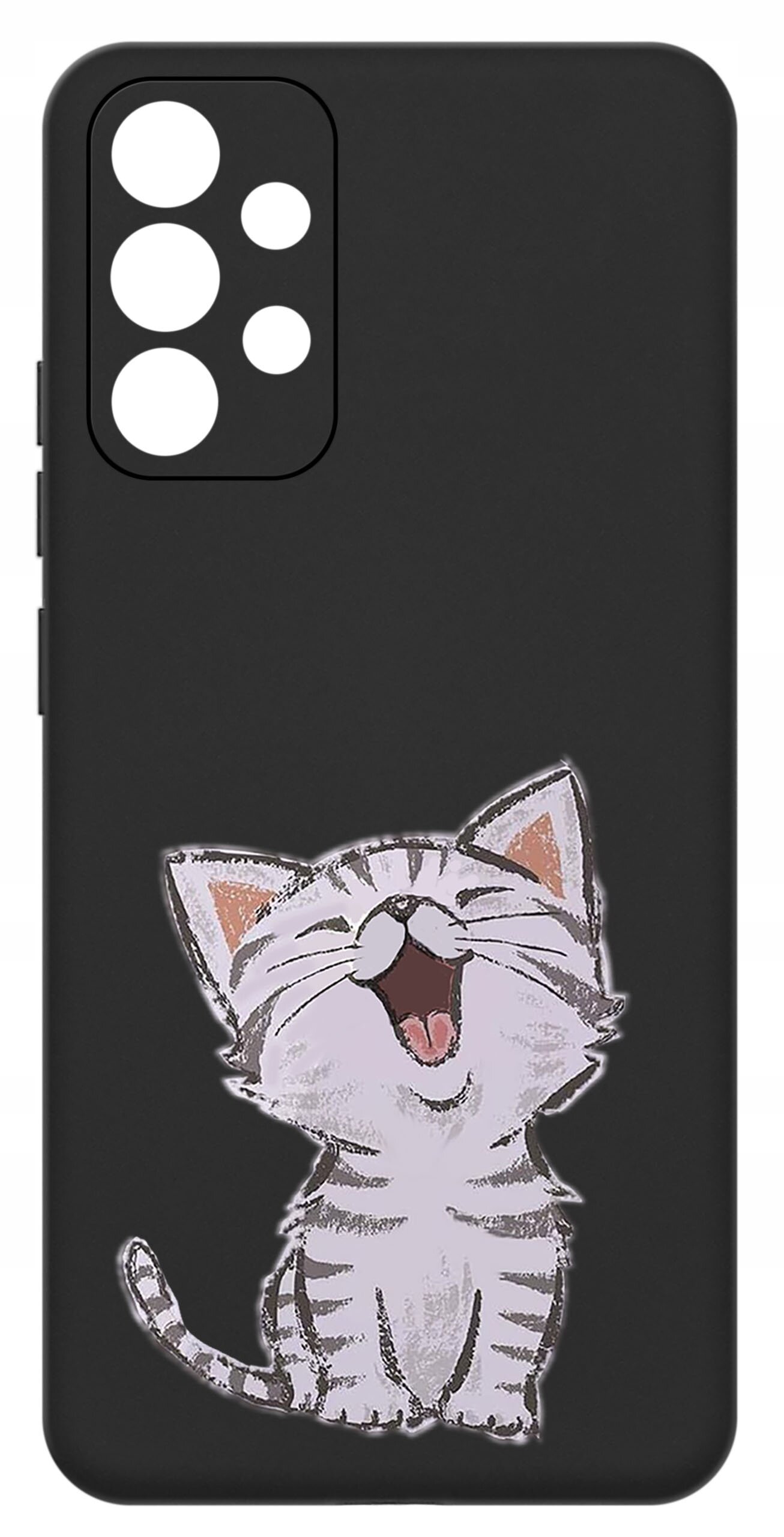 Czarne etui na telefon z rysunkiem uśmiechniętego kota. Etui ma wycięcia na aparat i przyciski.