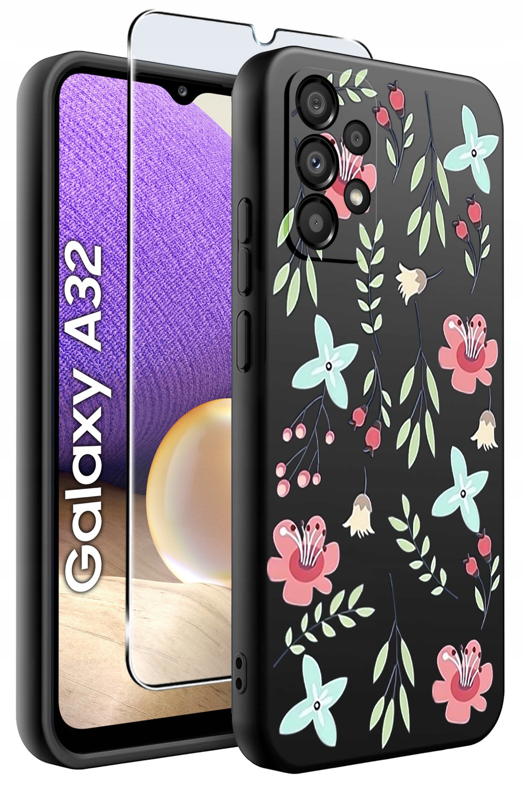 Obraz przedstawia etui na telefon z kolorowym wzorem kwiatowym oraz szkło ochronne. Na ekranie telefonu widoczny jest napis \'Galaxy A32\'.