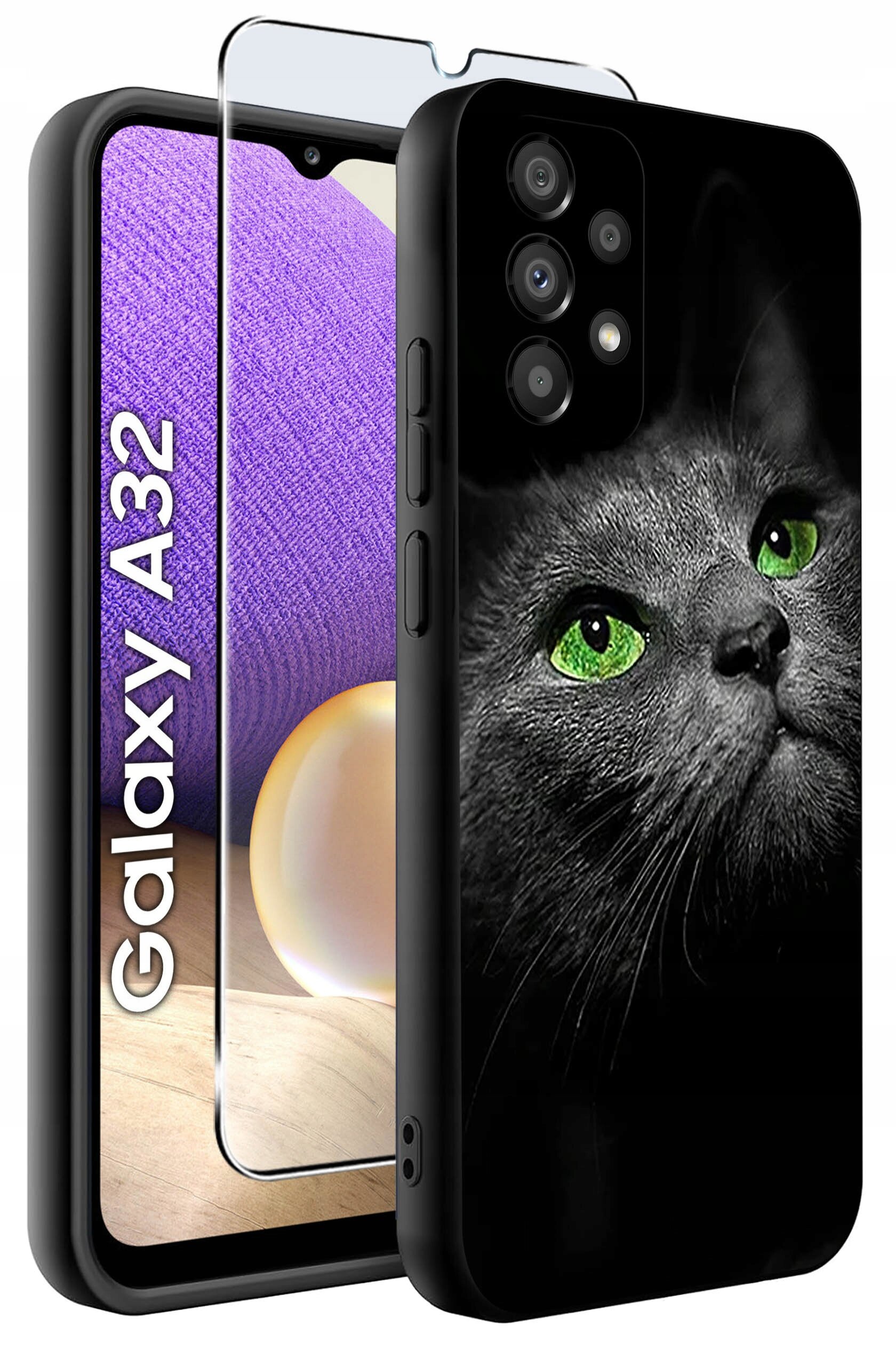 Obraz przedstawia etui na telefon z nadrukiem kota o zielonych oczach oraz szkło ochronne. Obok widoczny jest telefon z napisem \'Galaxy A32\'.
