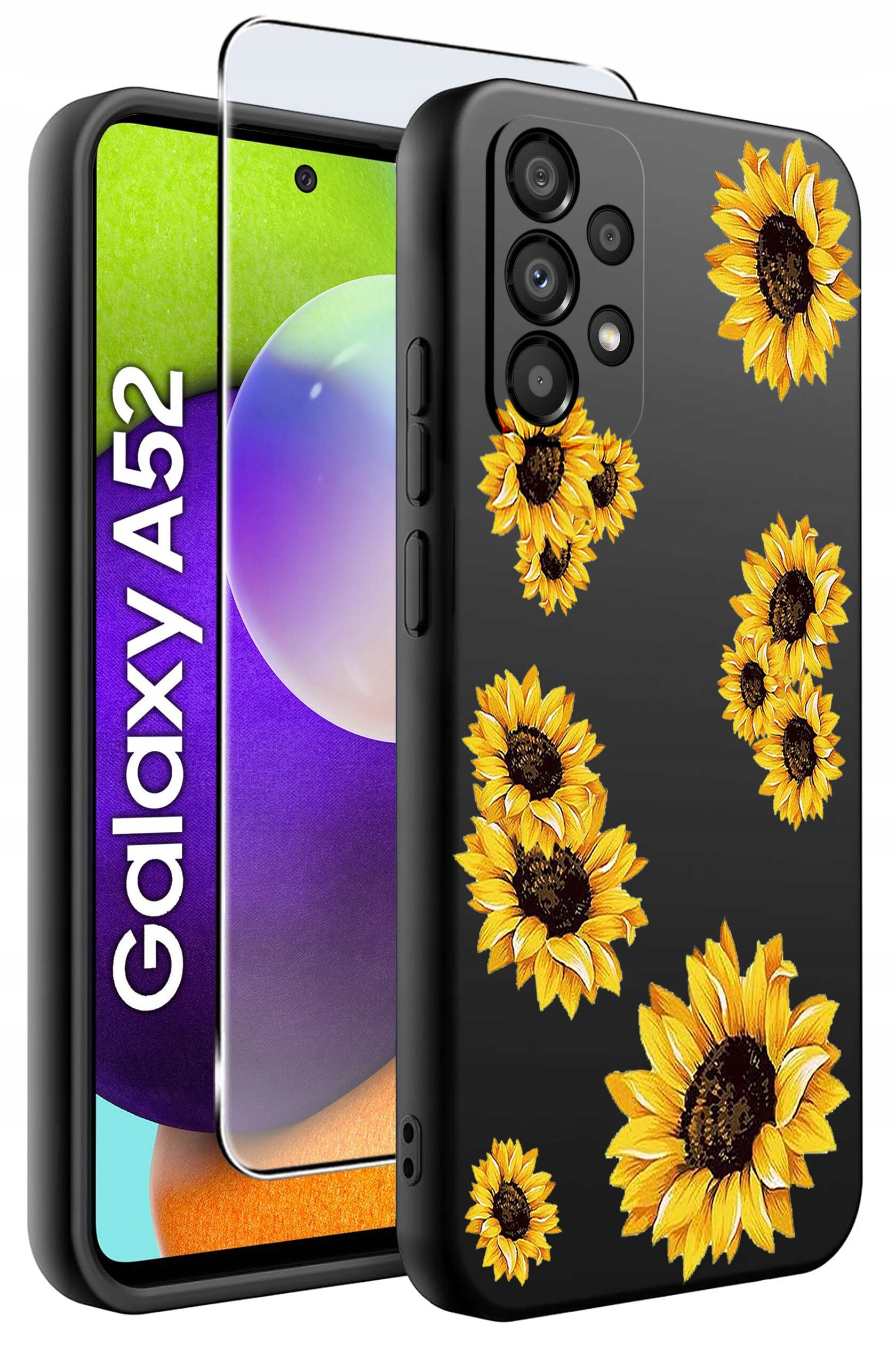 Etui na telefon z czarnym tłem ozdobione wzorem słoneczników, obok widoczny telefon z napisem \'Galaxy A52\'.