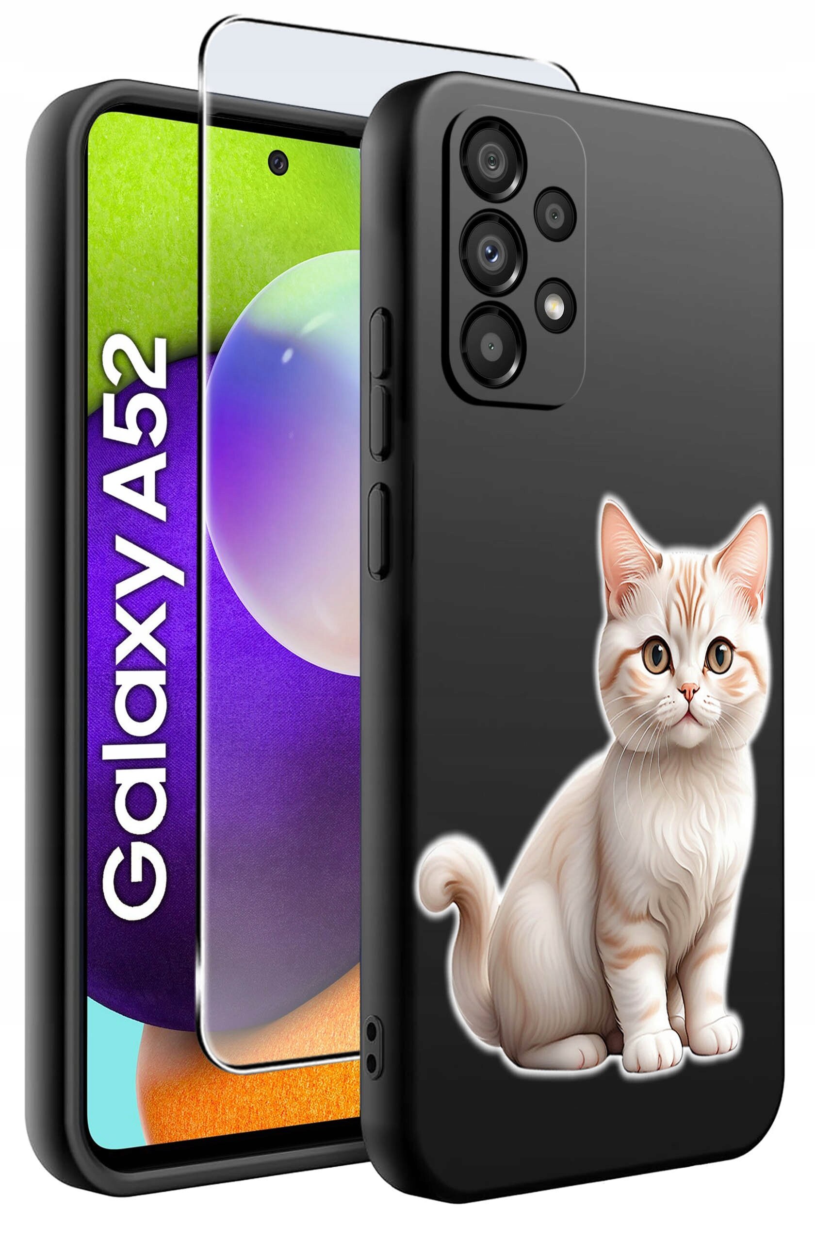 Obraz przedstawia etui na telefon z grafiką kota oraz szkło ochronne. Na ekranie telefonu widoczny jest napis \'Galaxy A52\'.