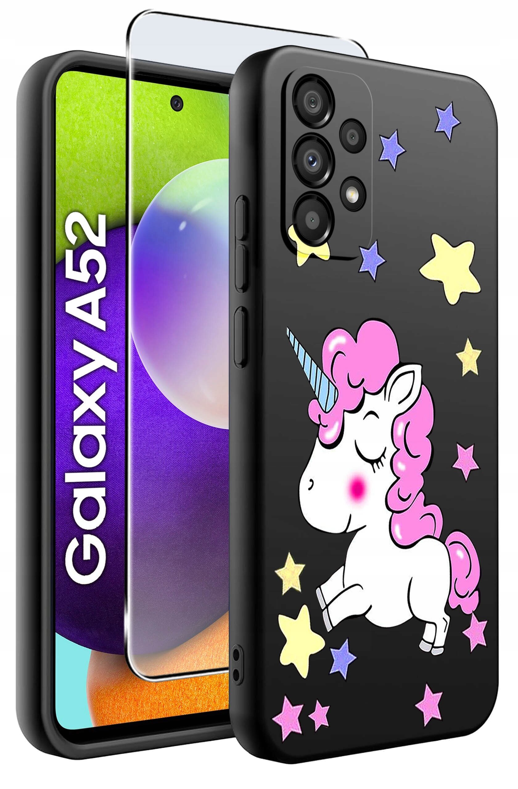 Etui na telefon z motywem jednorożca i kolorowymi gwiazdkami, obok którego znajduje się szkło ochronne. Na ekranie telefonu widoczny jest napis \'Galaxy A52\'.