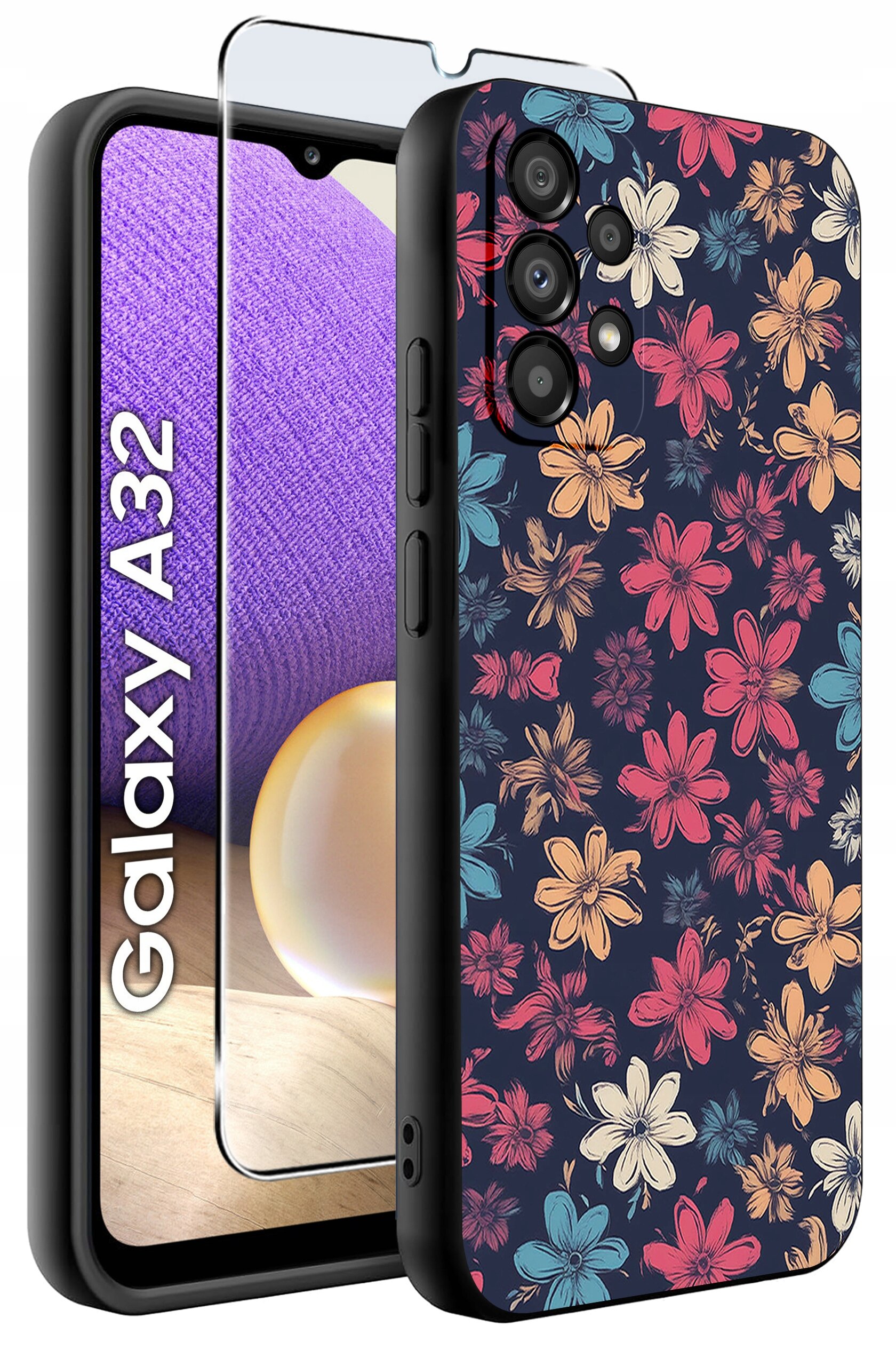Etui na telefon z kolorowym wzorem kwiatowym oraz szkło ochronne na ekran. Obok widoczny jest napis \'Galaxy A32\'.