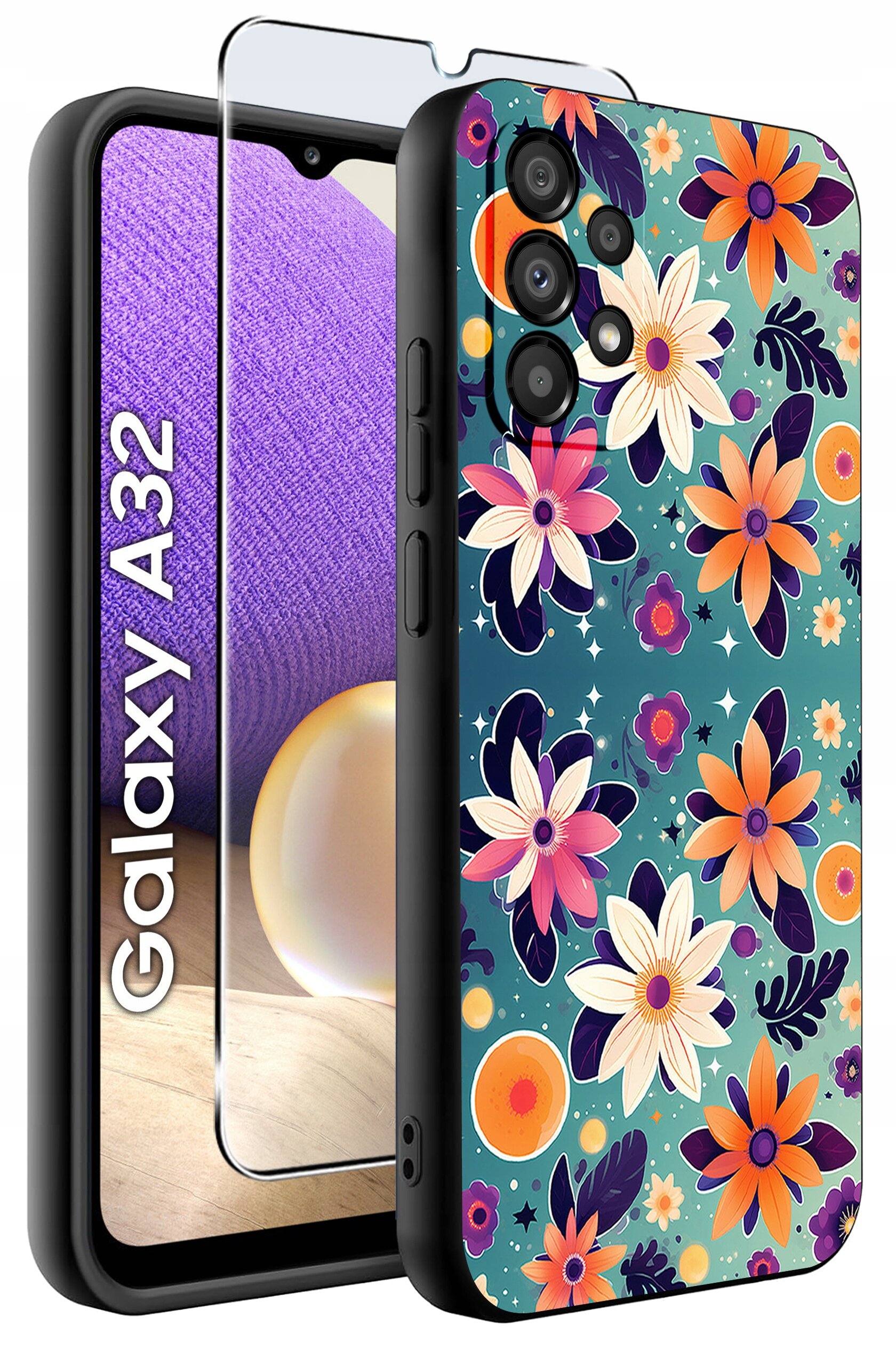 Obraz przedstawia etui na telefon z kolorowym wzorem kwiatowym oraz szkło ochronne. Obok widoczny jest napis \'Galaxy A32\'.