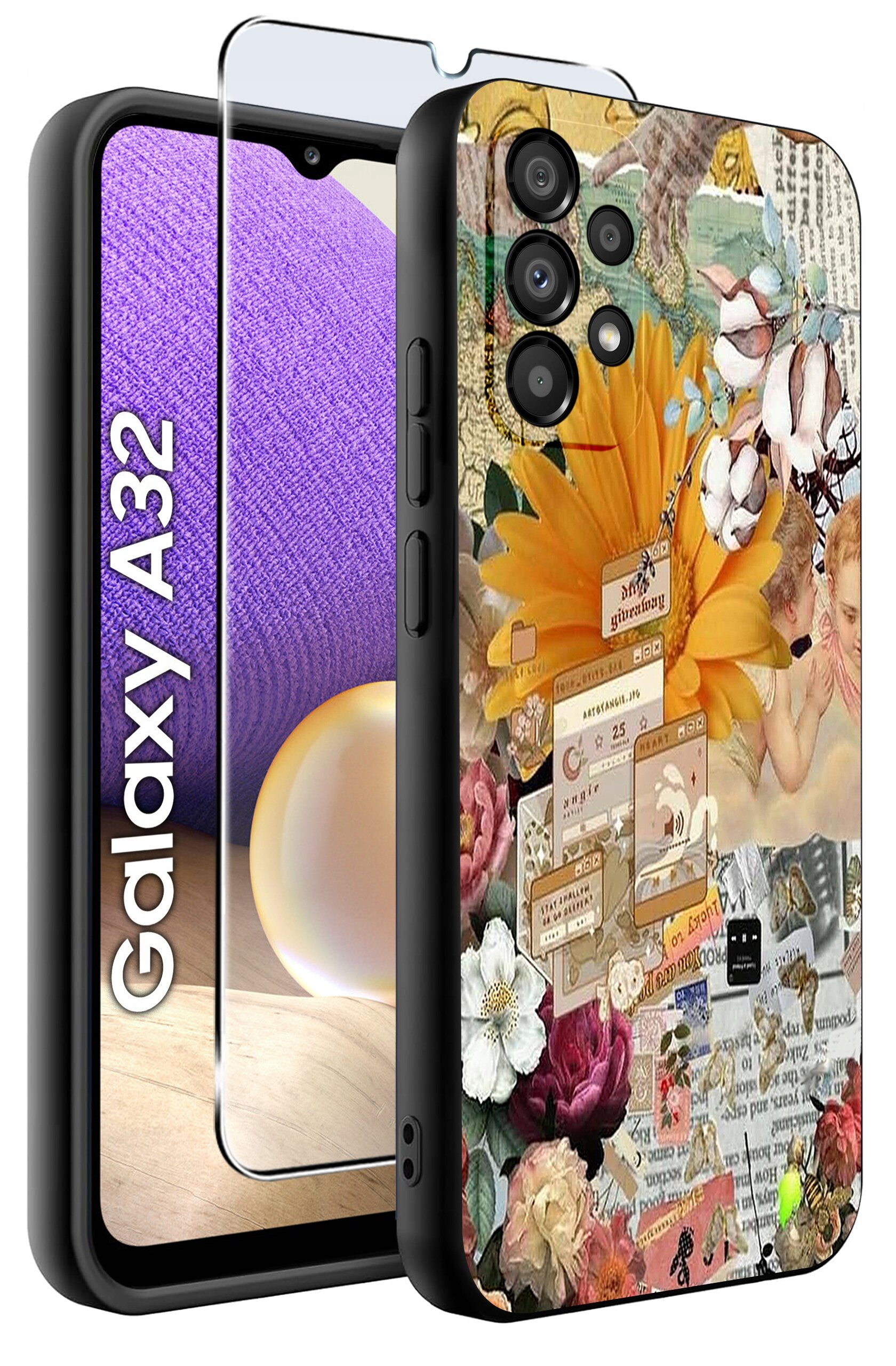 Etui na telefon z kolorowym, kwiatowym wzorem oraz szkło ochronne na ekran. Na ekranie telefonu widoczny jest napis \'Galaxy A32\'.