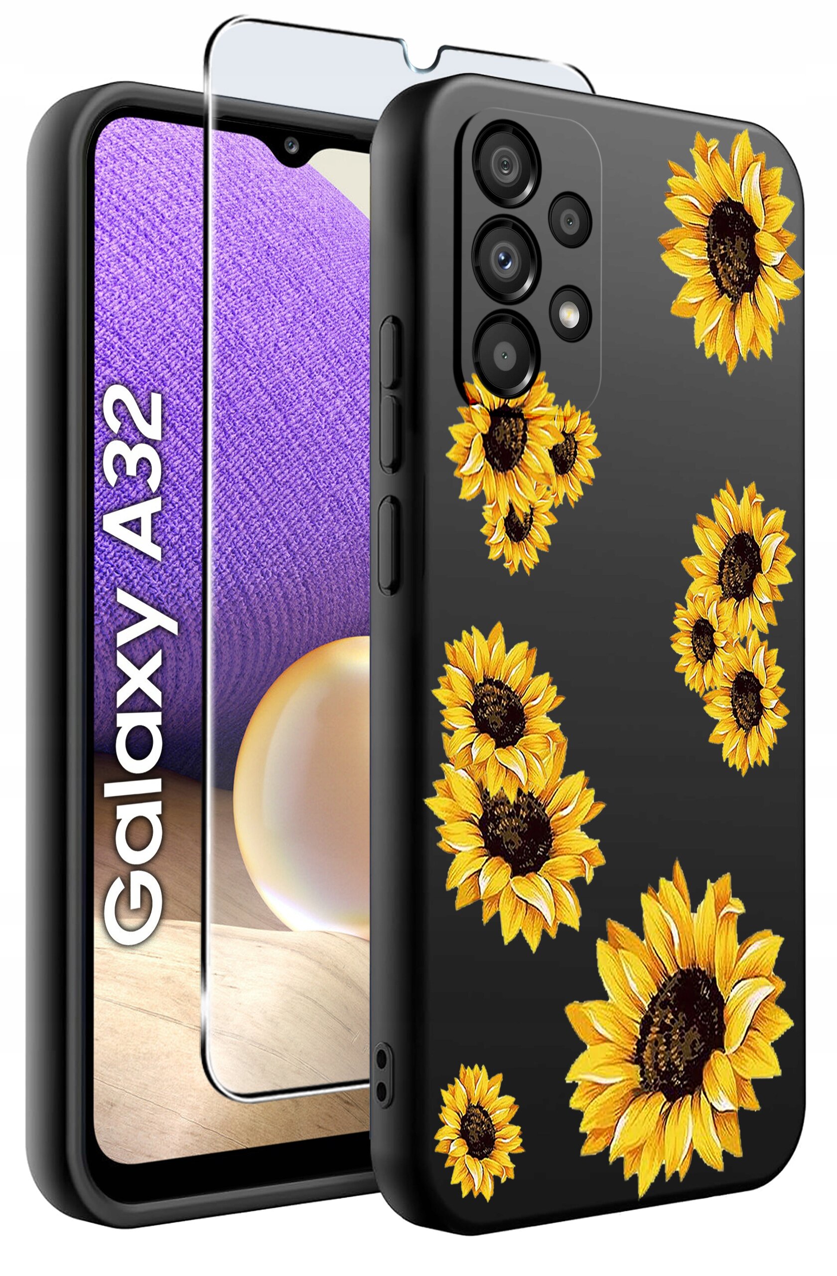 Etui na telefon z czarnym tłem ozdobione wzorem żółtych słoneczników, obok widoczna jest szybka ochronna. Na ekranie telefonu widoczny jest napis \'Galaxy A32\'.
