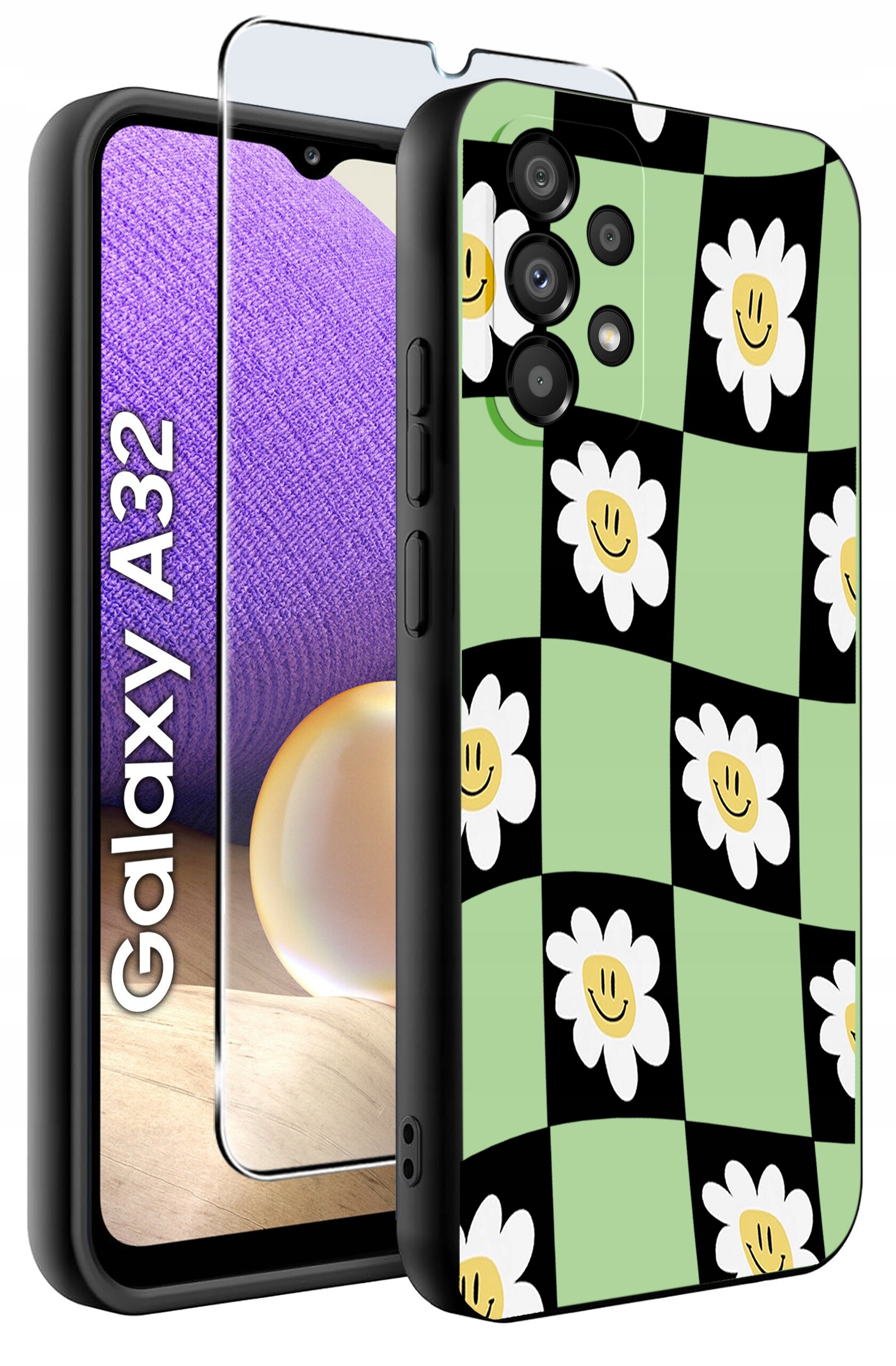 Etui na telefon z wzorem w czarno-zieloną szachownicę z białymi kwiatami i uśmiechniętymi buźkami. Obok etui znajduje się szkło ochronne oraz telefon z napisem \'Galaxy A32\'.