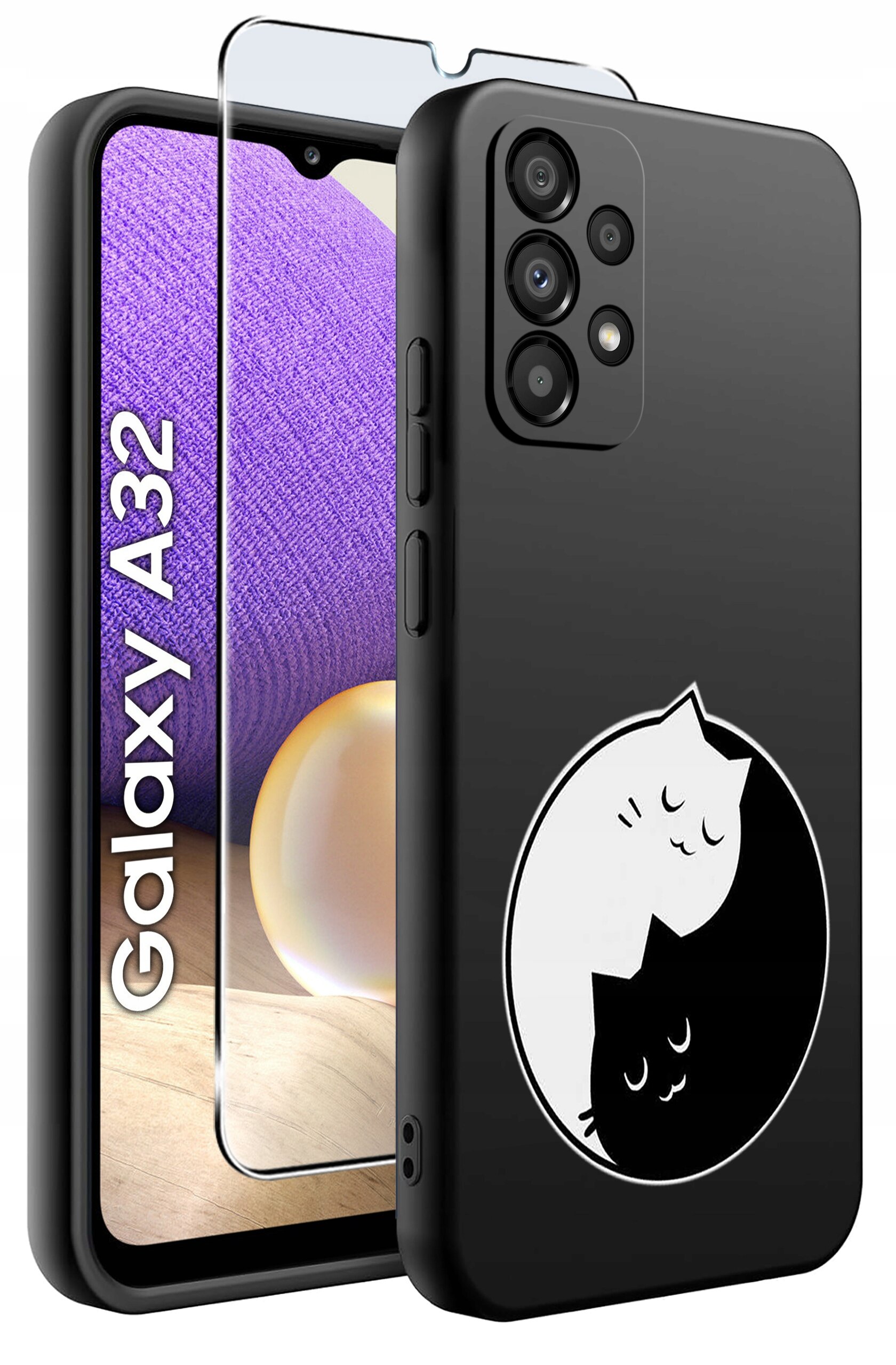 Czarne etui na telefon z nadrukiem dwóch kotów w stylu yin-yang. Obok znajduje się szkło ochronne na ekran oraz widoczny napis \'Galaxy A32\'.