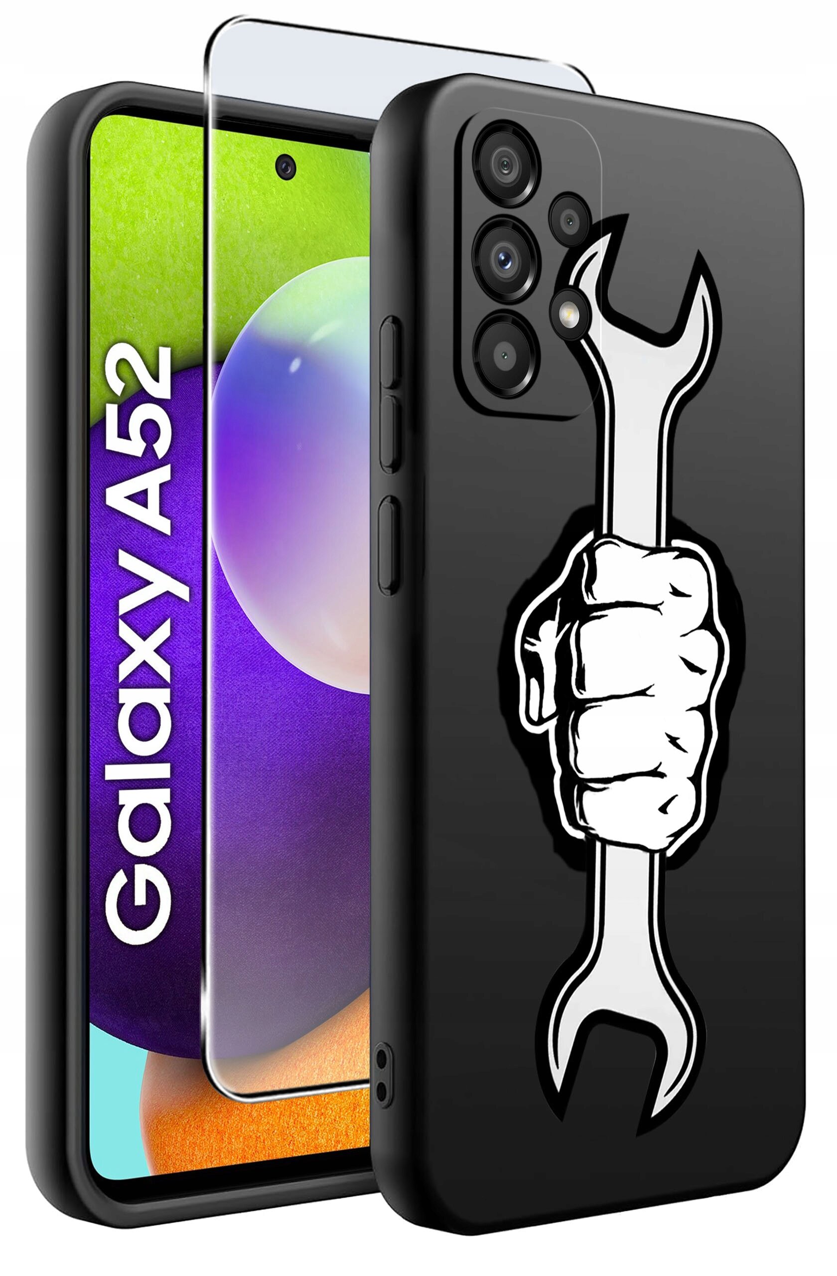 Etui na telefon z grafiką przedstawiającą rękę trzymającą klucz francuski, obok widoczny telefon z napisem \'Galaxy A52\'.