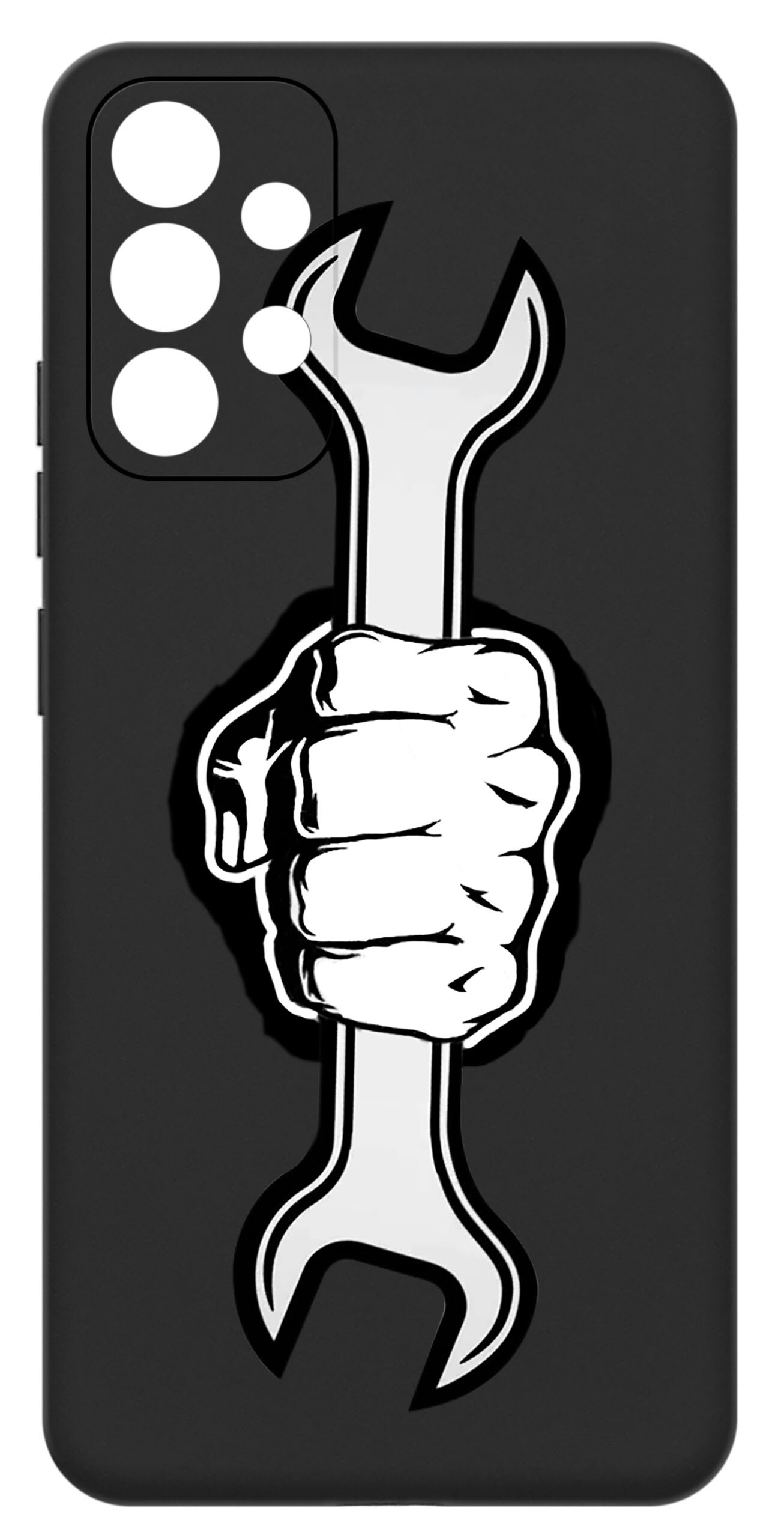 Czarne etui na telefon z grafiką przedstawiającą zaciśniętą pięść trzymającą klucz płaski. Etui ma wycięcia na aparat i przyciski boczne.