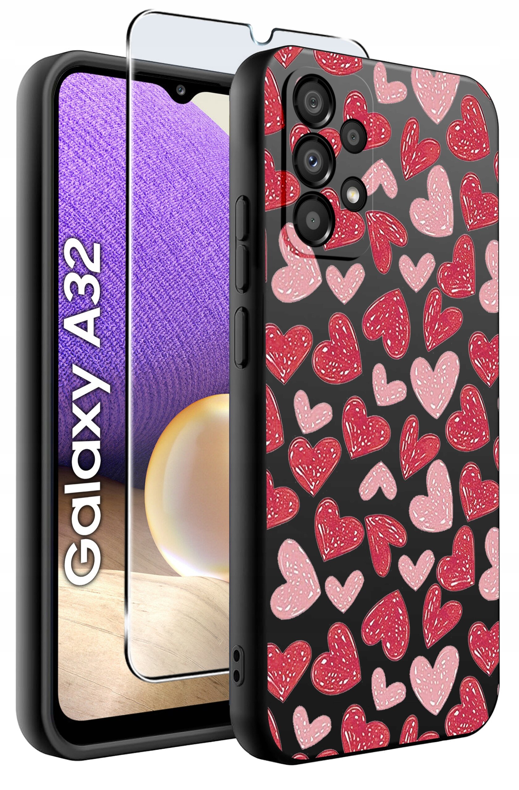 Obraz przedstawia etui na telefon z wzorem czerwonych i różowych serc na czarnym tle oraz szkło ochronne. Obok widoczny jest telefon z napisem \'Galaxy A32\'.