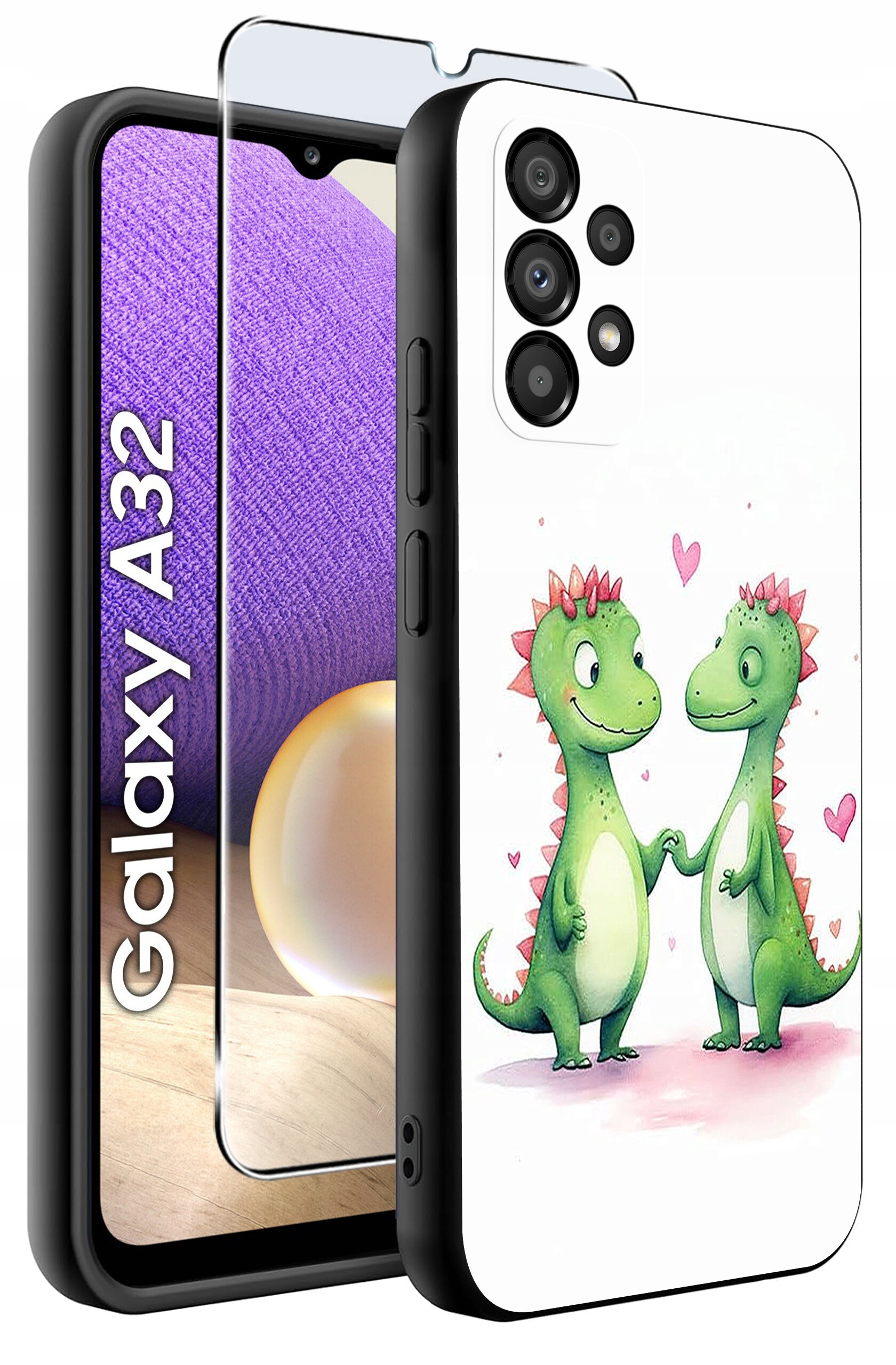 Etui na telefon z grafiką dwóch zielonych dinozaurów trzymających się za ręce, otoczonych różowymi serduszkami. Obok znajduje się szkło ochronne oraz napis \'Galaxy A32\'.