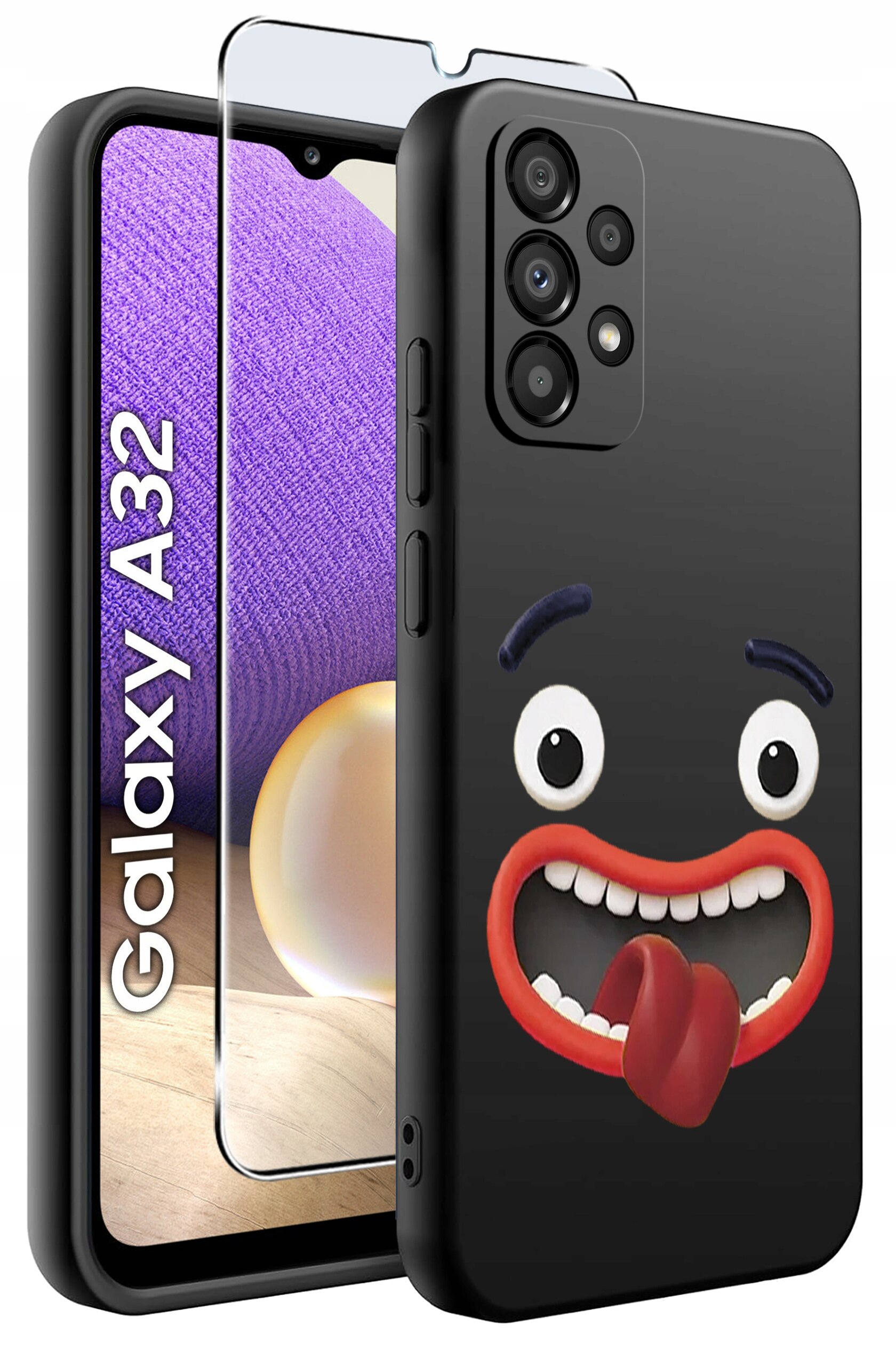 Na obrazie widoczne jest czarne etui z nadrukiem uśmiechniętej twarzy z wystawionym językiem, przeznaczone dla telefonu Galaxy A32. Obok etui znajduje się szkło ochronne na ekran.