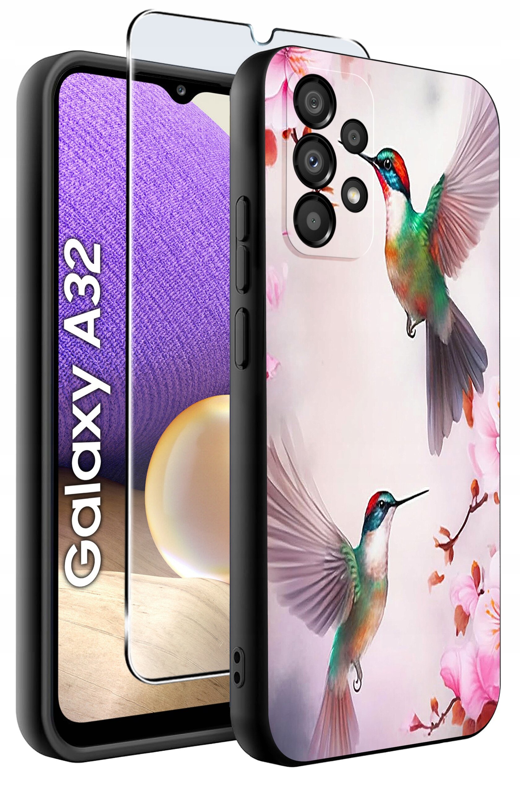 Obraz przedstawia etui na telefon z kolorowym wzorem kolibrów i kwiatów. Obok etui widoczny jest napis \'Galaxy A32\' oraz szkło ochronne na ekran.